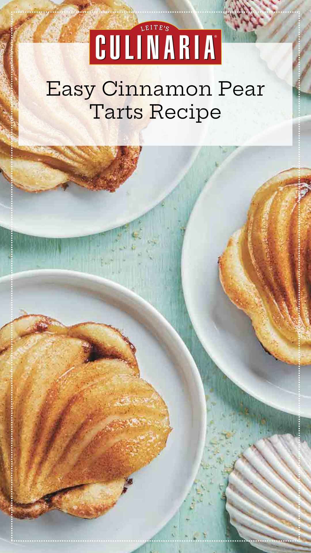 Three individual pear tarts with puff pastry on white plates.