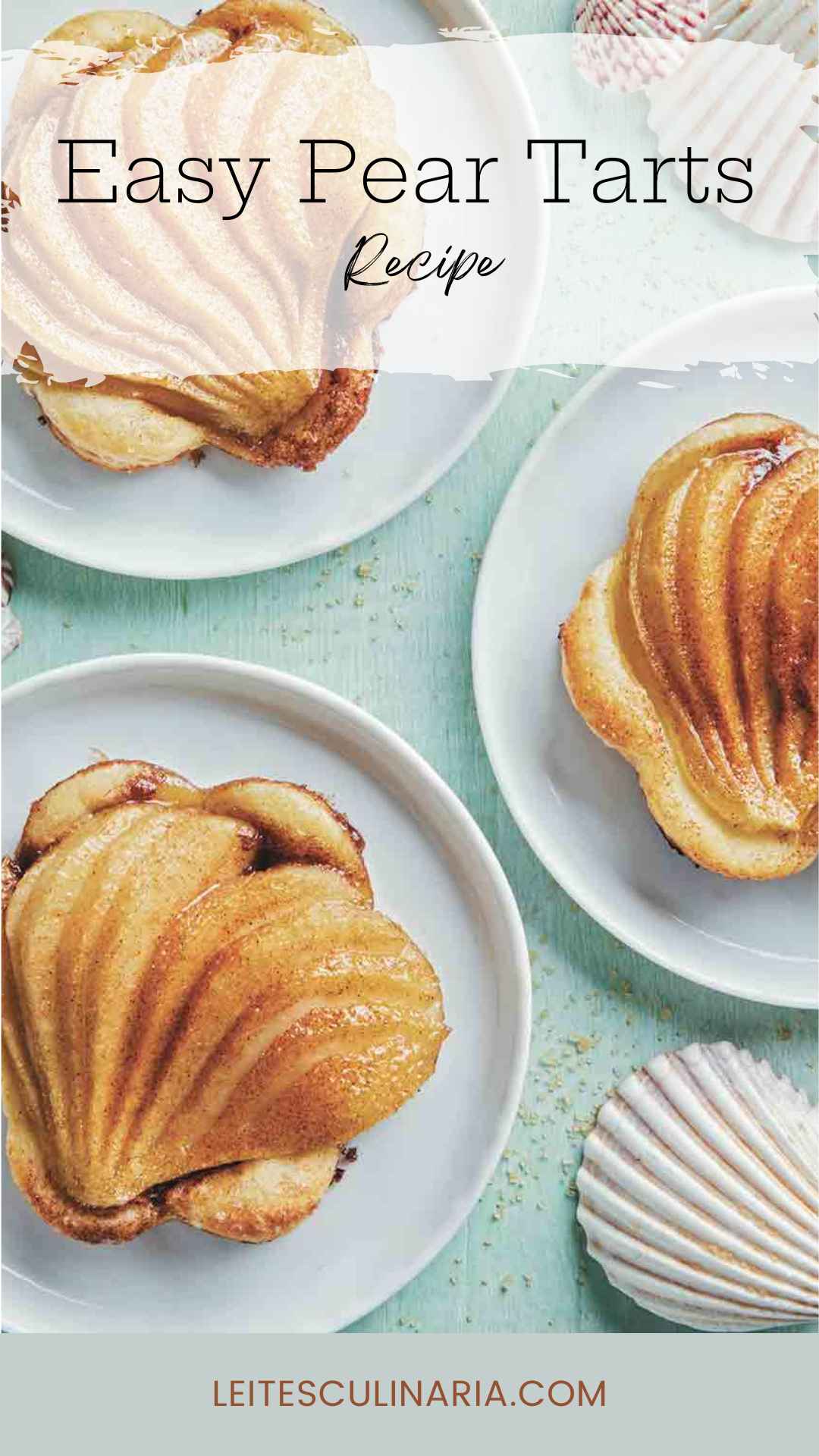 Three individual pear tarts with puff pastry on white plates.