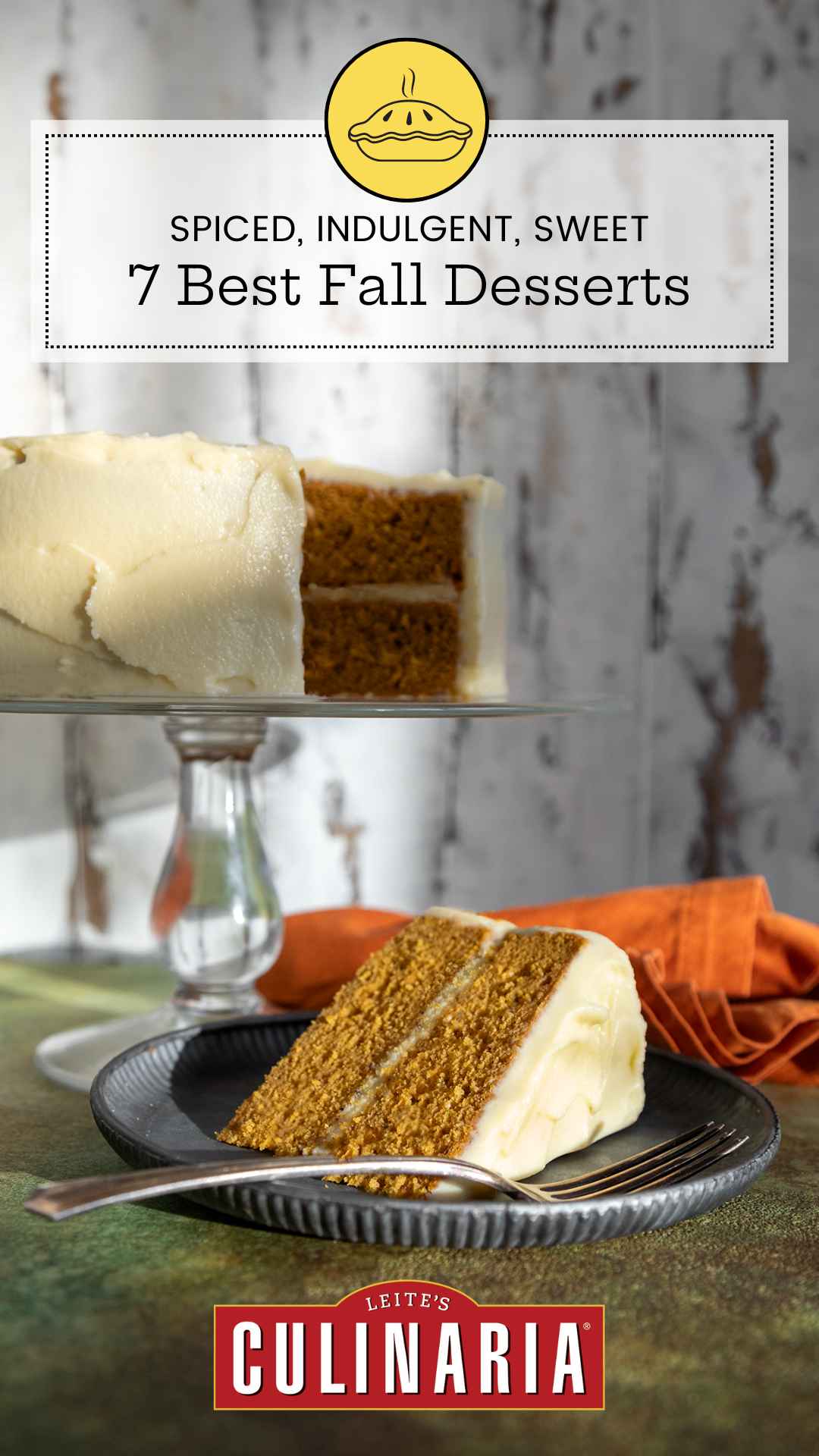 A slice of pumpkin cake with maple cream cheese frosting on a plate and the remaining cake in the background.