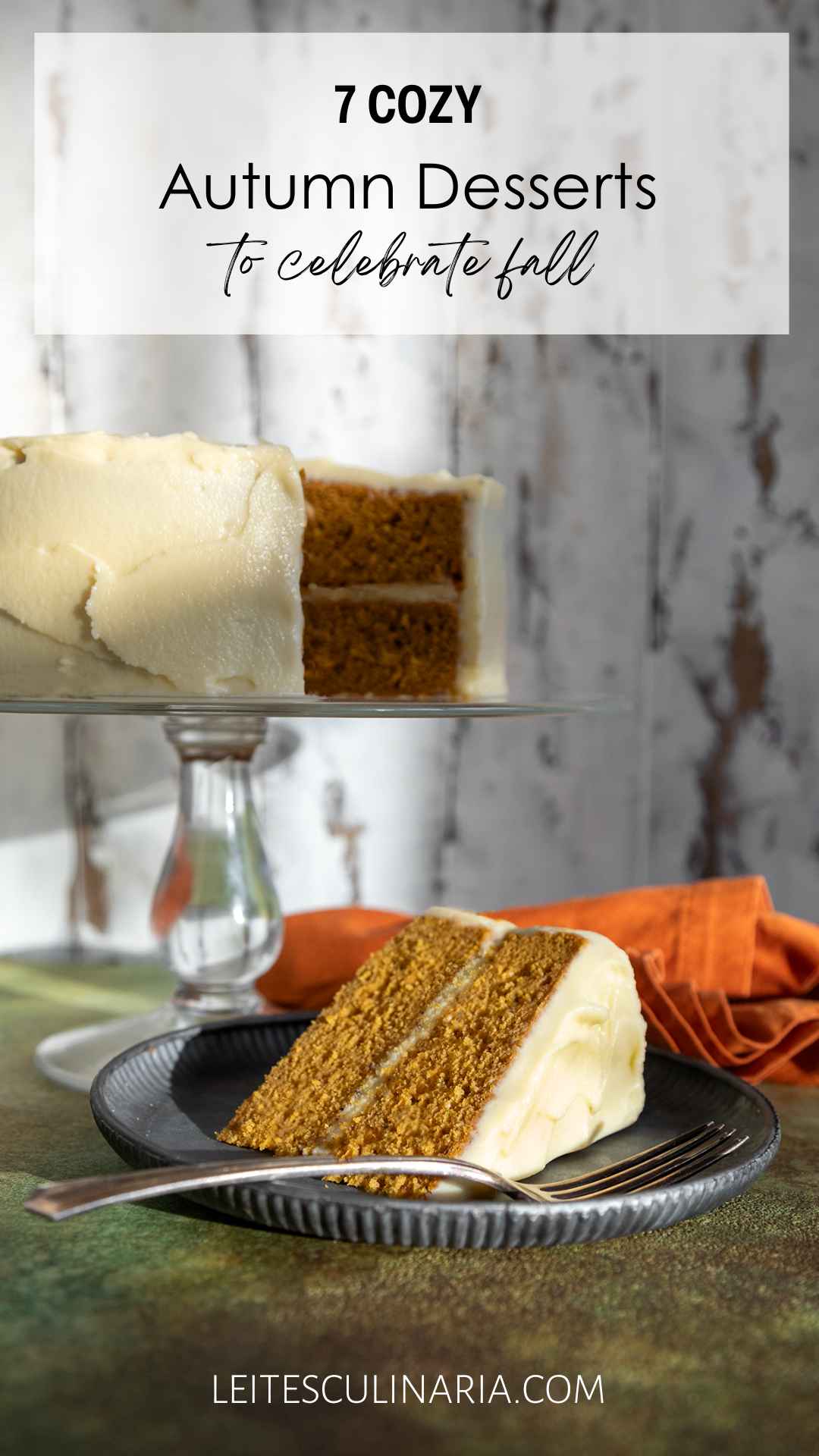 A slice of pumpkin cake with maple cream cheese frosting on a plate and the remaining cake in the background.