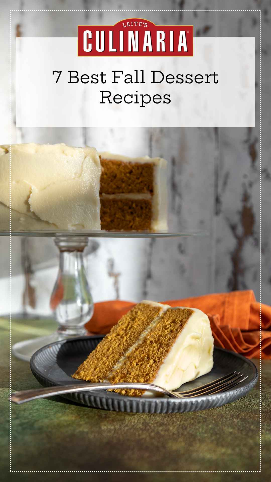 A slice of pumpkin cake with maple cream cheese frosting on a plate and the remaining cake in the background.