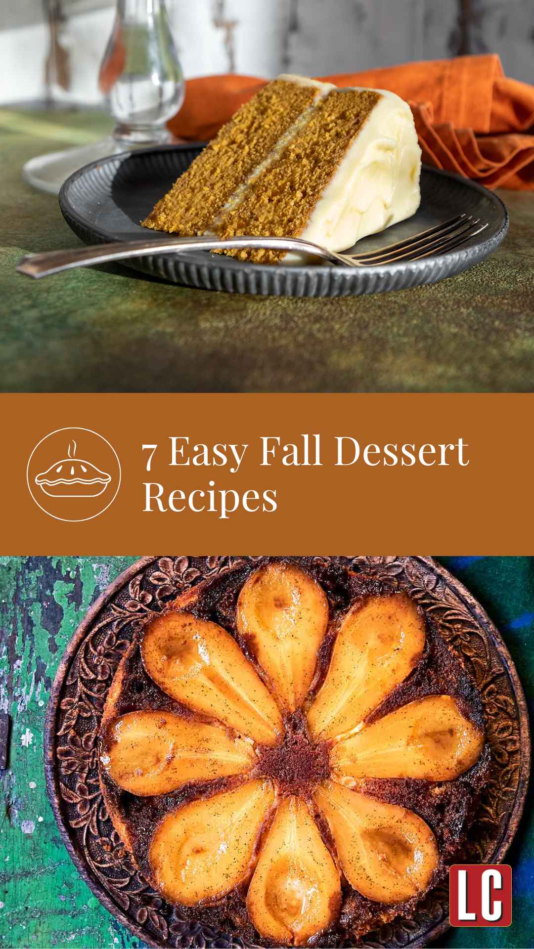 A pear upside-down cake on a decorative platter and a slice of pumpkin cake with cream cheese frosting on a plate.