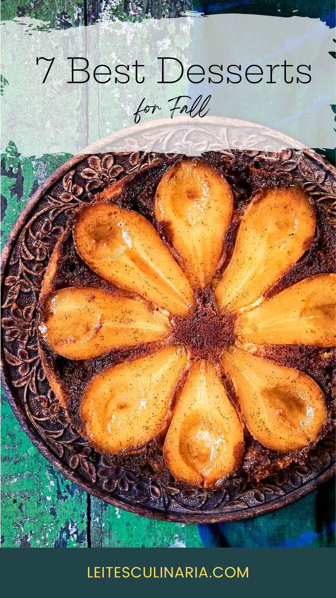 A pear upside-down cake on a decorative platter.