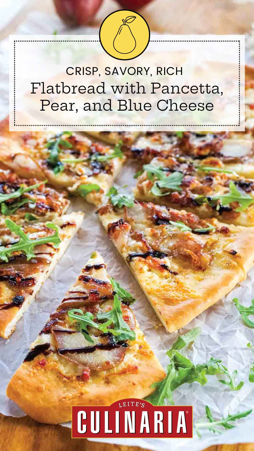 A flatbread topped with pancetta, pear, arugula, onion, blue cheese, and balsamic glaze cut into 10 pieces.