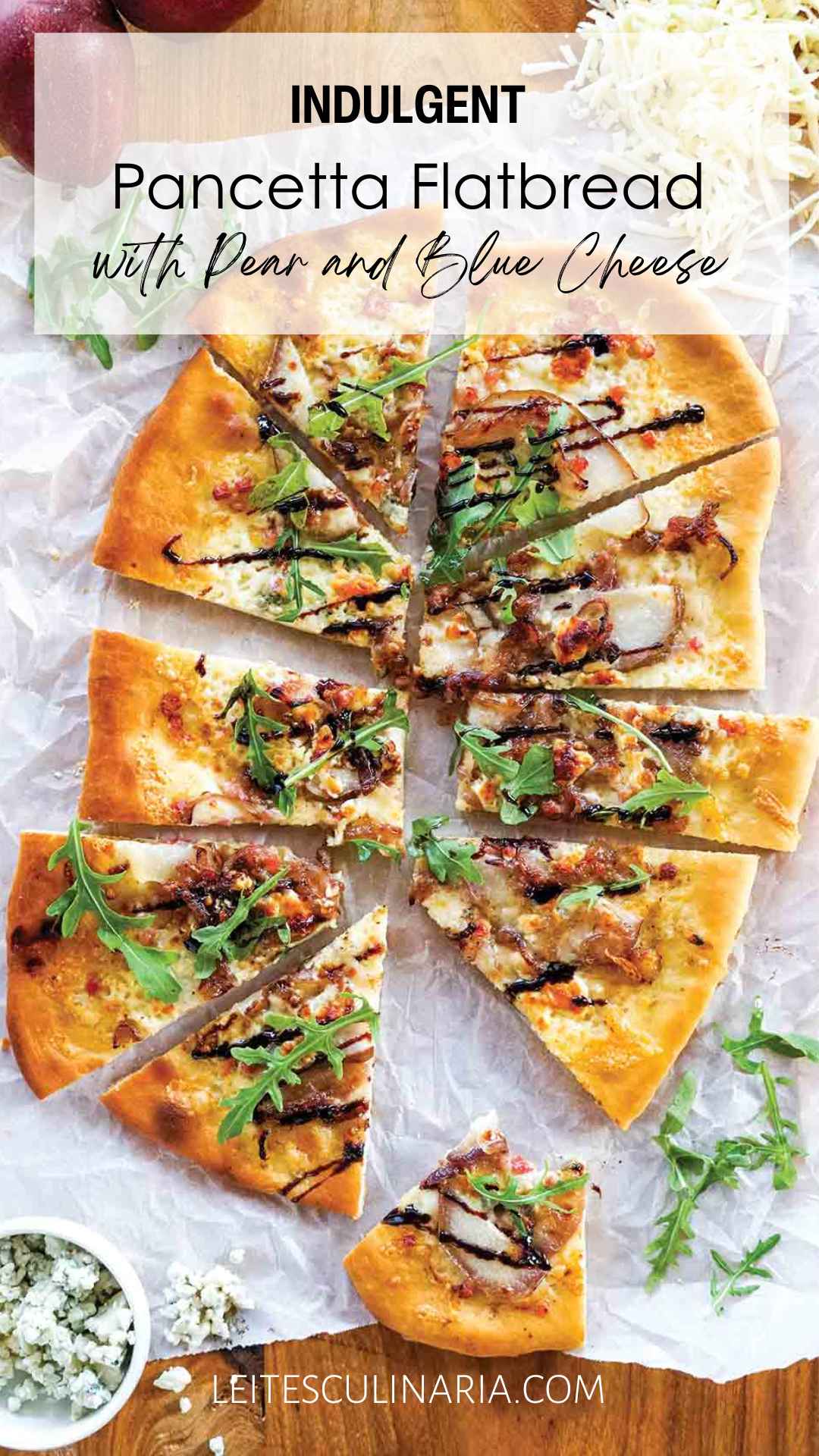 A flatbread topped with pancetta, pear, arugula, onion, blue cheese, and balsamic glaze cut into 10 pieces.