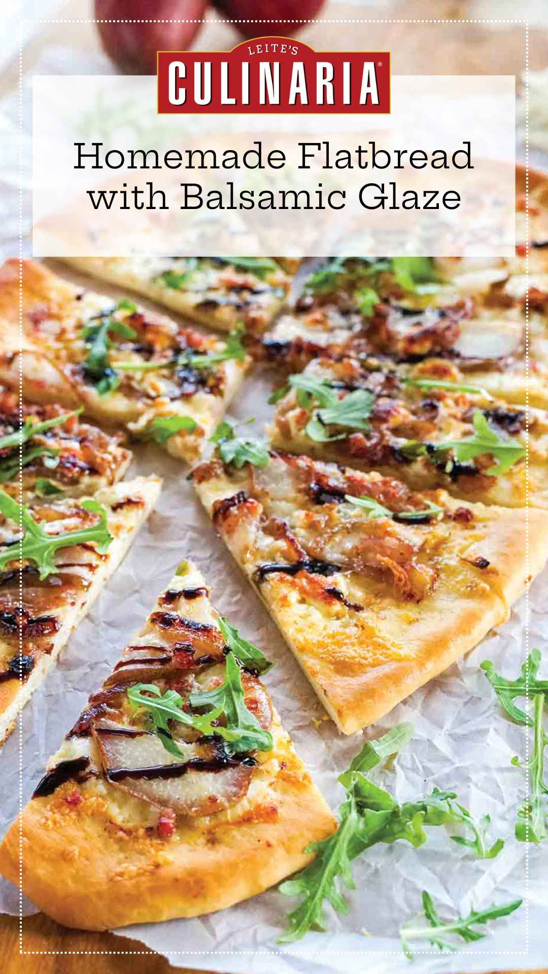 A flatbread topped with pancetta, pear, arugula, onion, blue cheese, and balsamic glaze cut into 10 pieces.