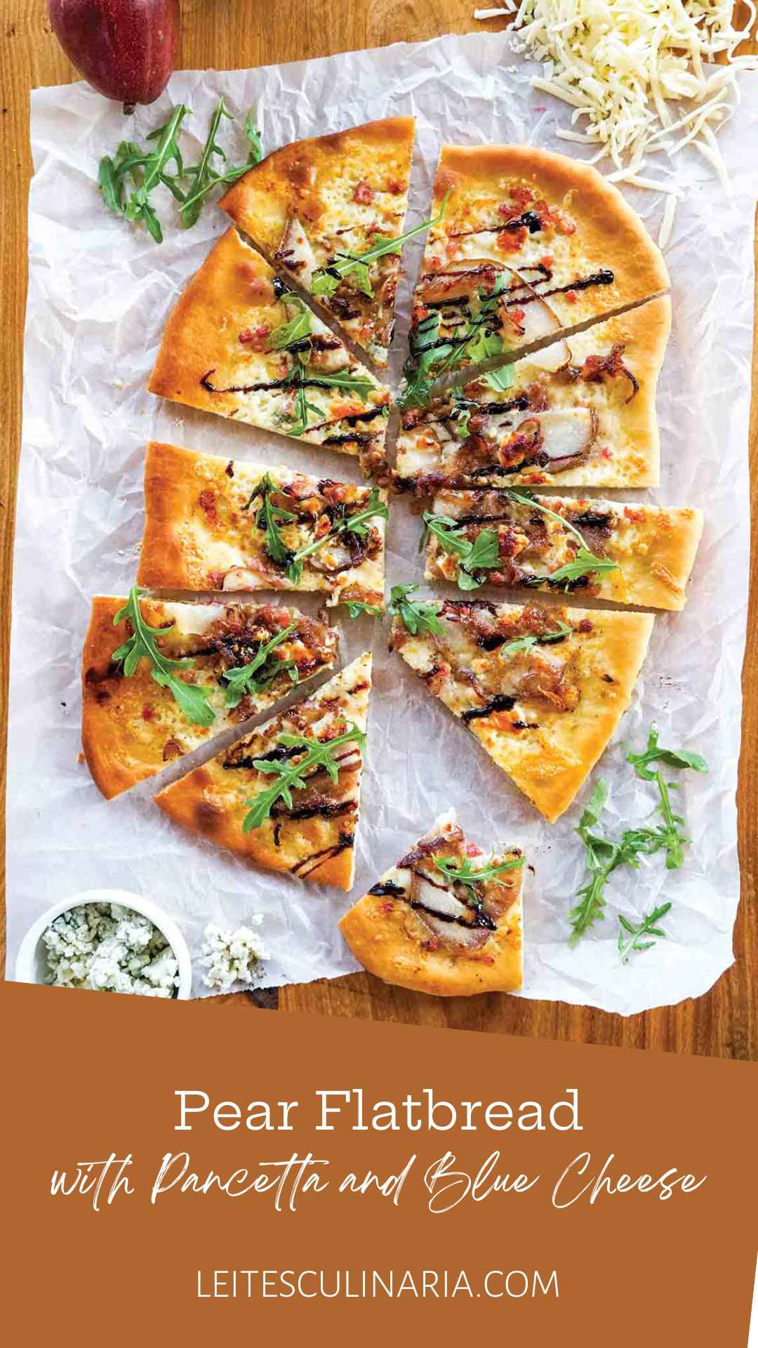 A flatbread topped with pancetta, pear, arugula, onion, blue cheese, and balsamic glaze cut into 10 pieces.