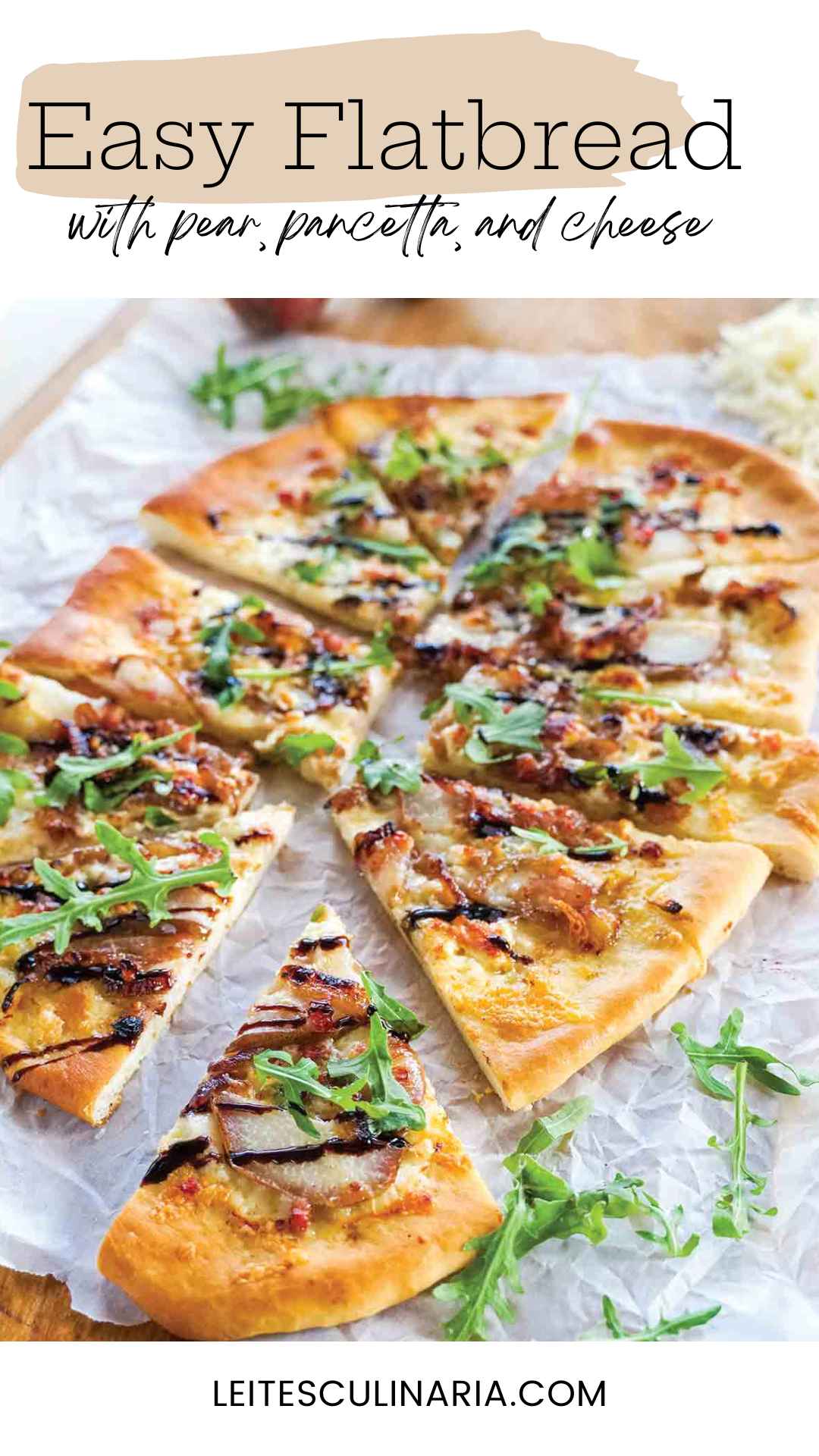 A flatbread topped with pancetta, pear, arugula, onion, blue cheese, and balsamic glaze cut into 10 pieces.