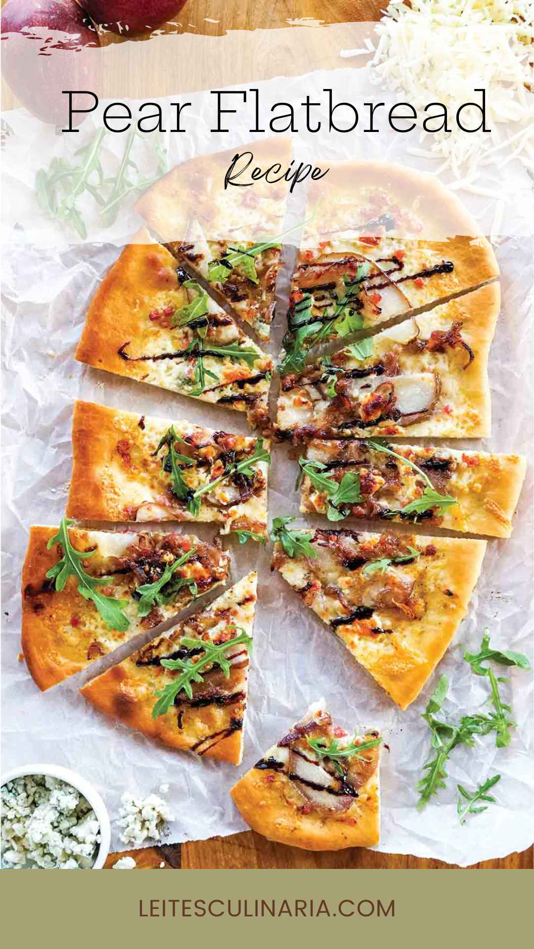 A flatbread topped with pancetta, pear, arugula, onion, blue cheese, and balsamic glaze cut into 10 pieces.