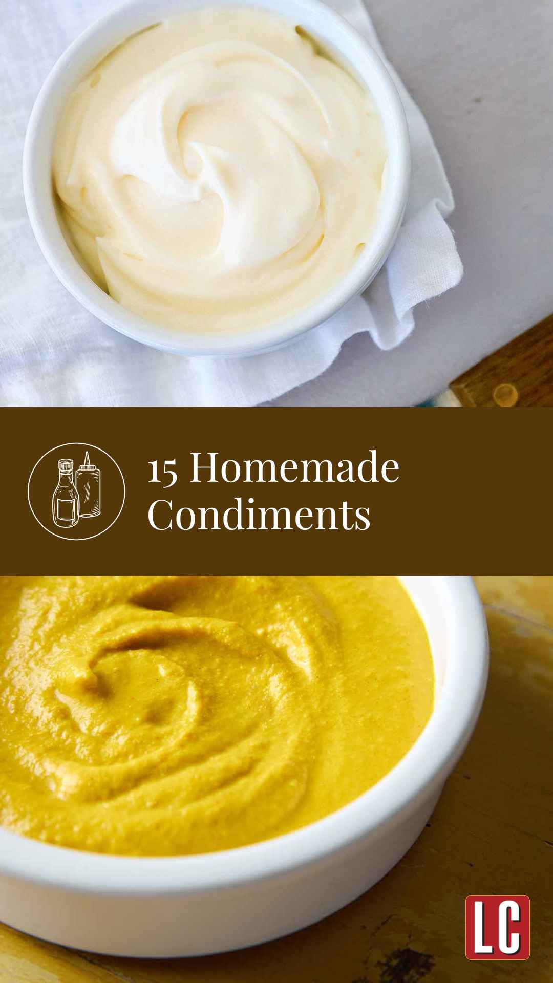 A bowl of homemade mayonnaise on a white cloth with a knife on the side and a bowl of homemade mustard.