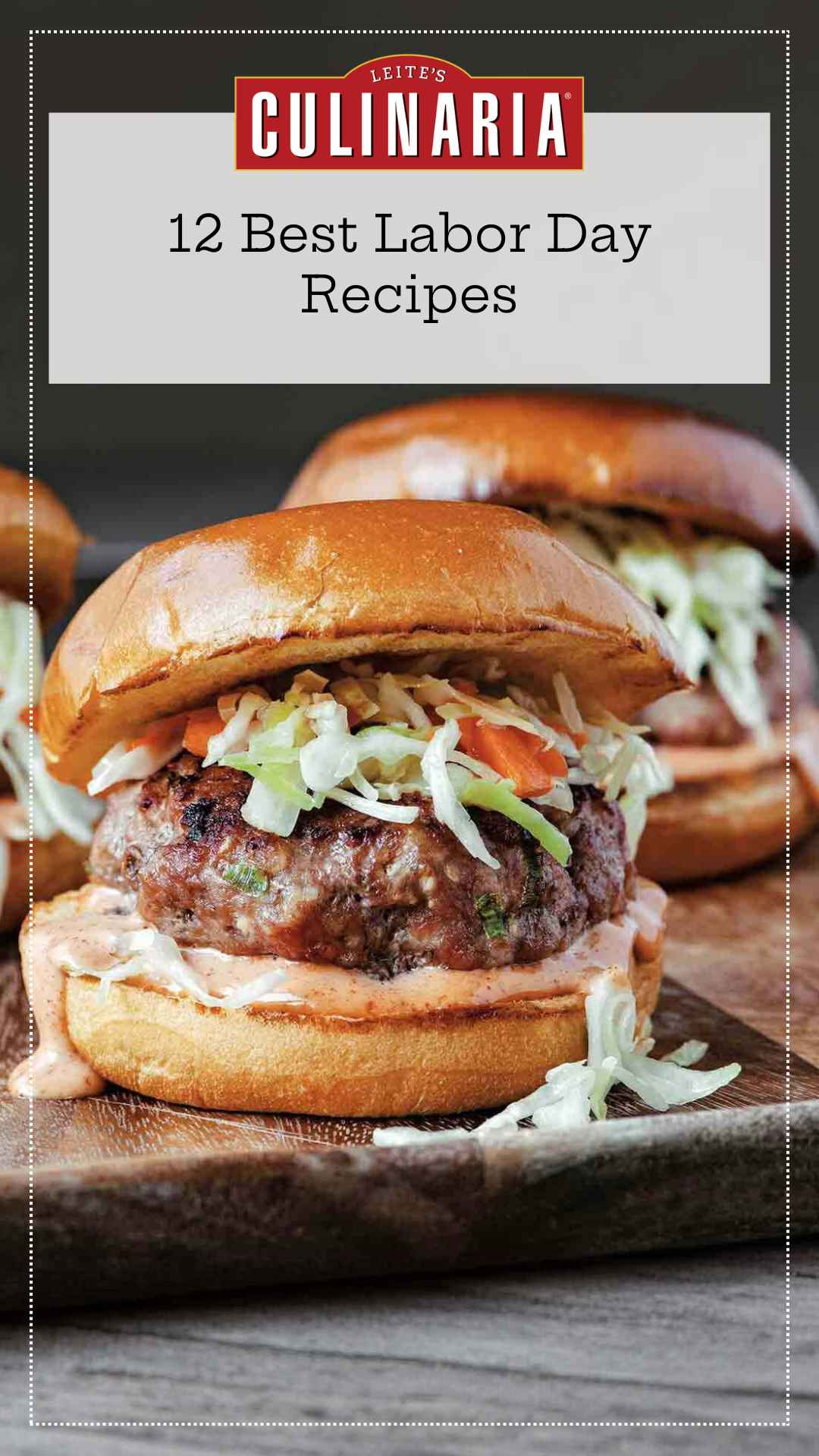 Two grilled pork burgers topped with coleslaw.