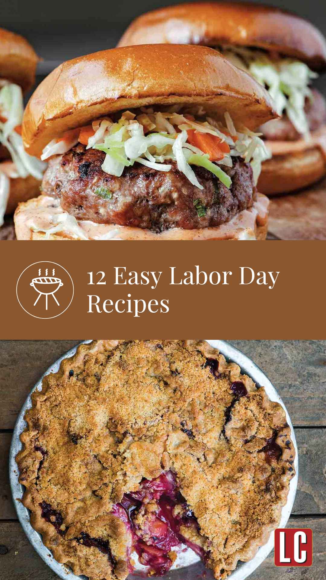 Two grilled pork burgers topped with coleslaw, and a plum pie with a serving missing.