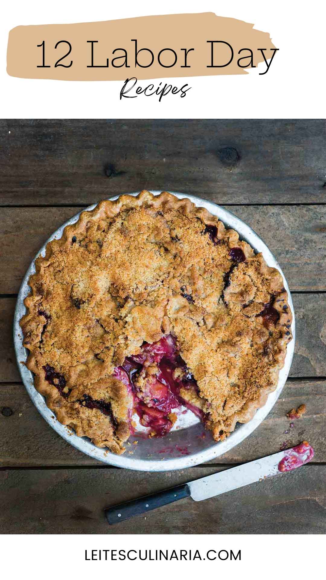 A plum pie with a serving missing from it.