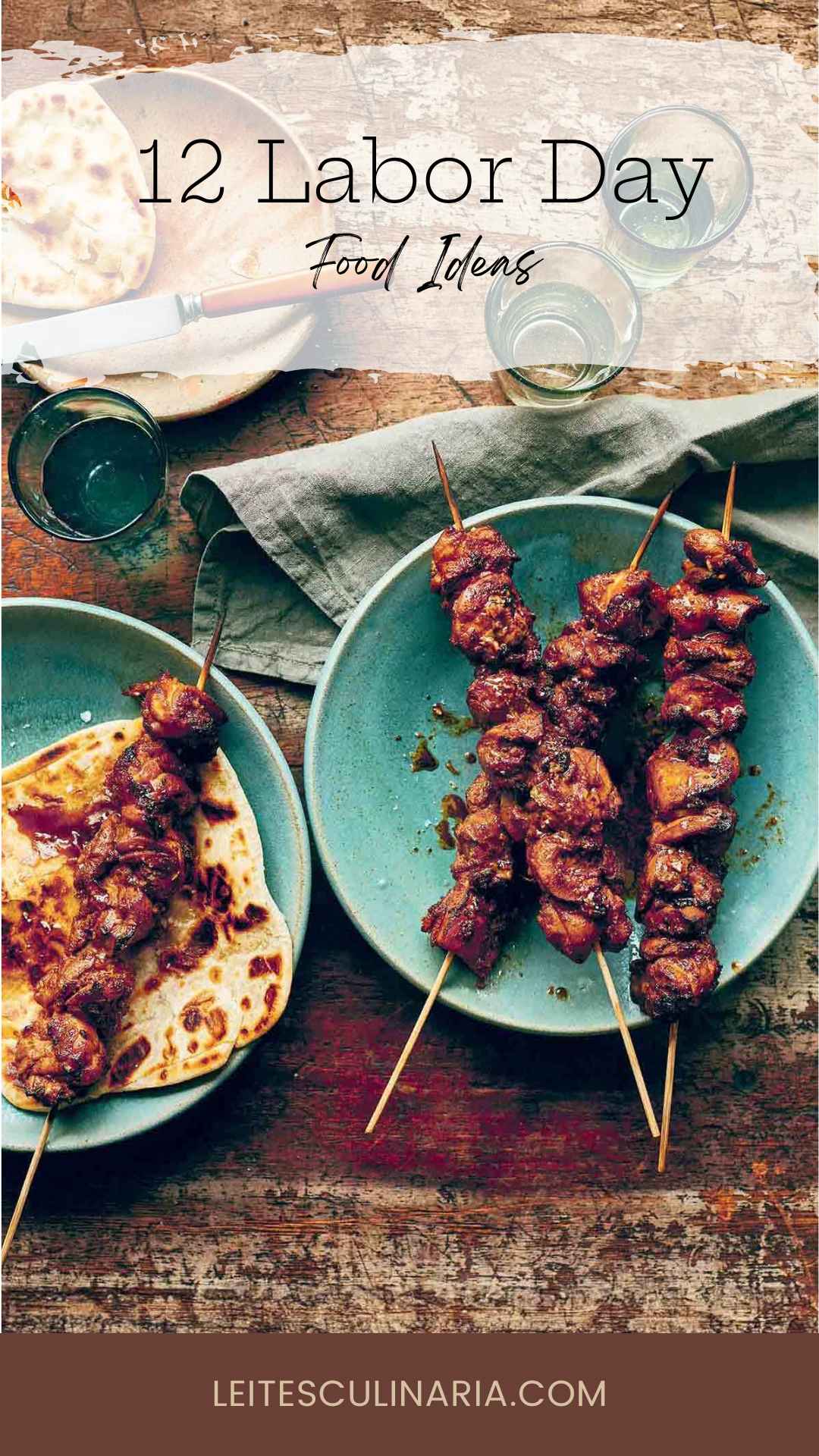 Marinated chicken skewers on blue plates.