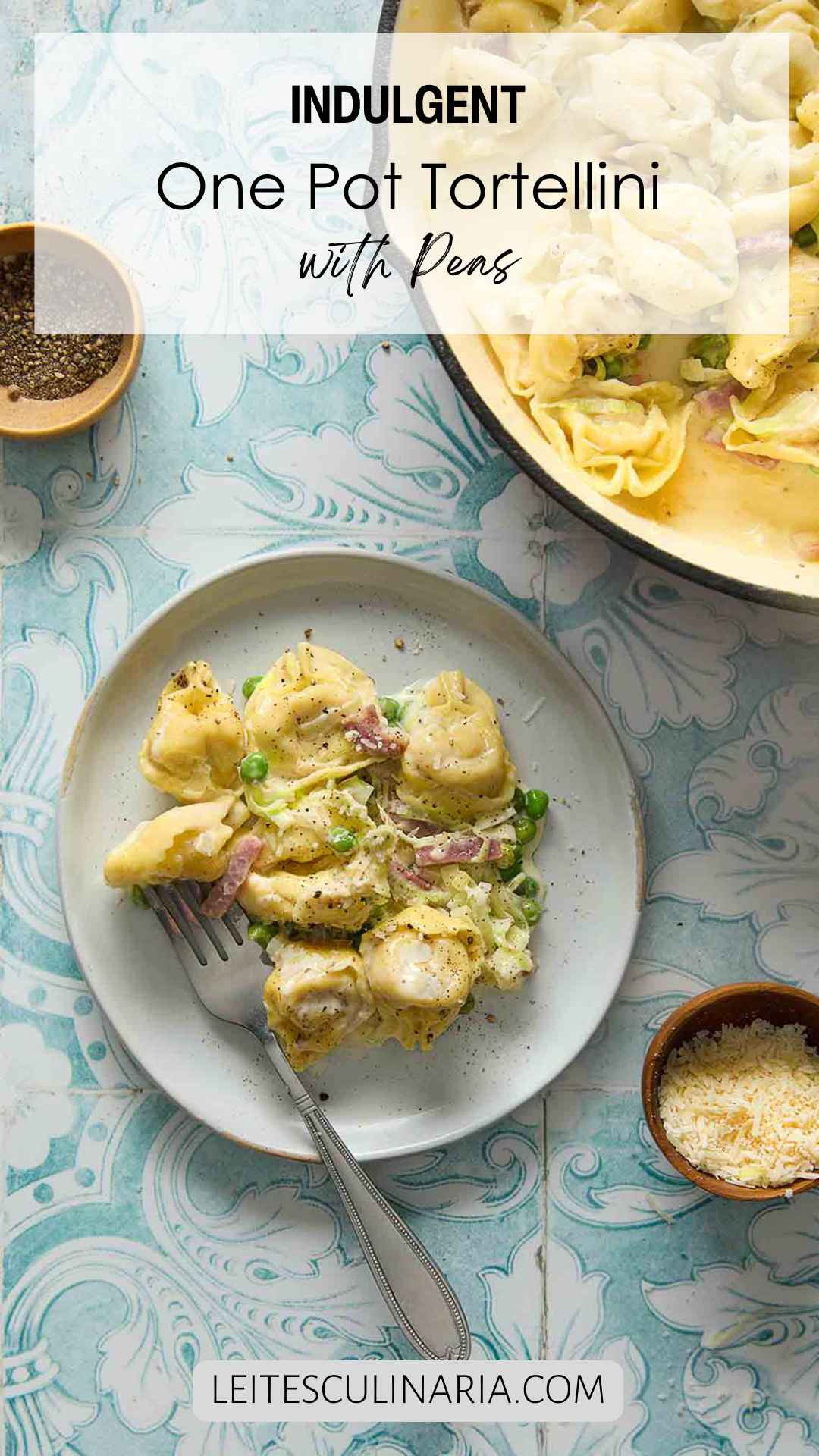 A serving of one-pot tortellini on a plate with a skillet with the remainder nearby.