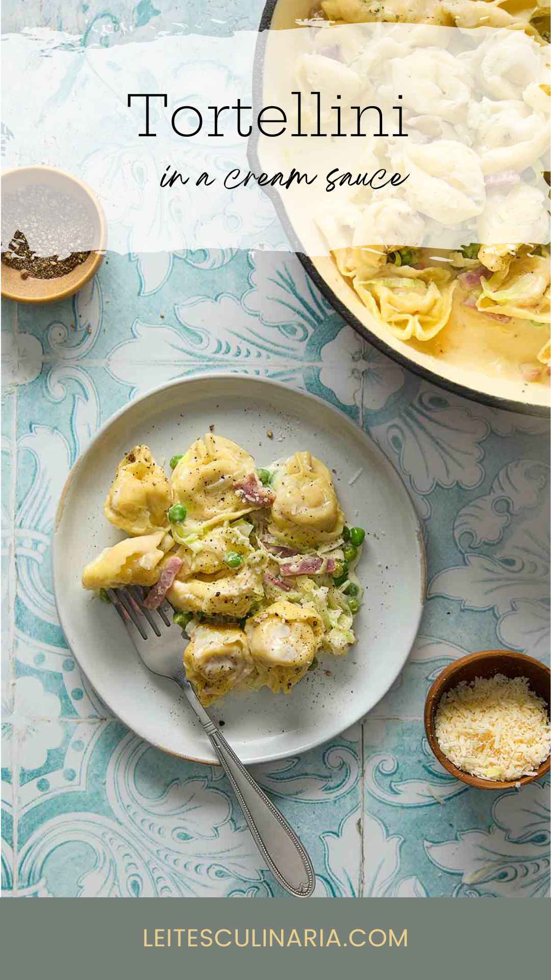 A serving of one-pot tortellini on a plate with a skillet with the remainder nearby.