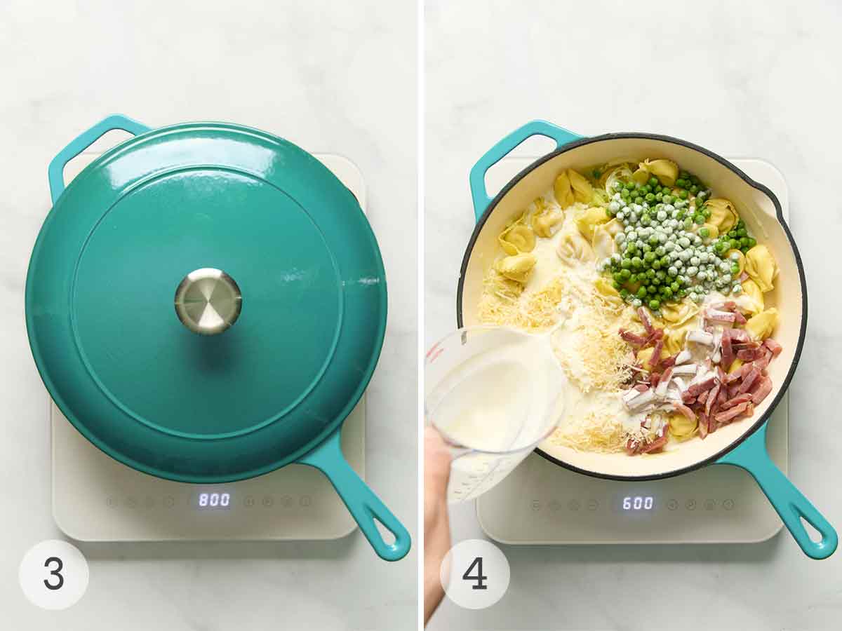 A covered skillet; cream being poured into a skillet with tortellini, cheese, peas, and prosciutto.