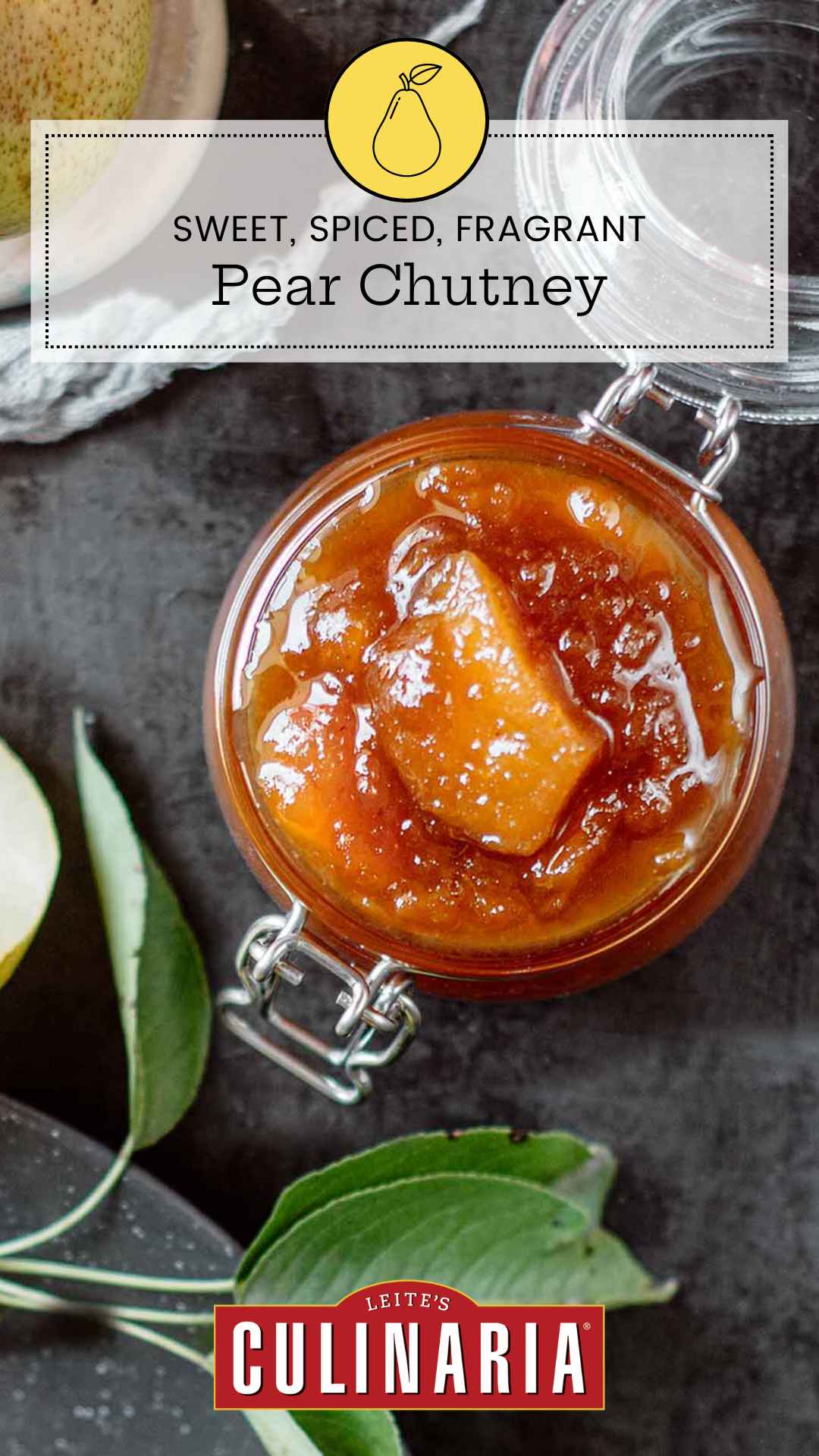 A glass jar filled with pear chutney.