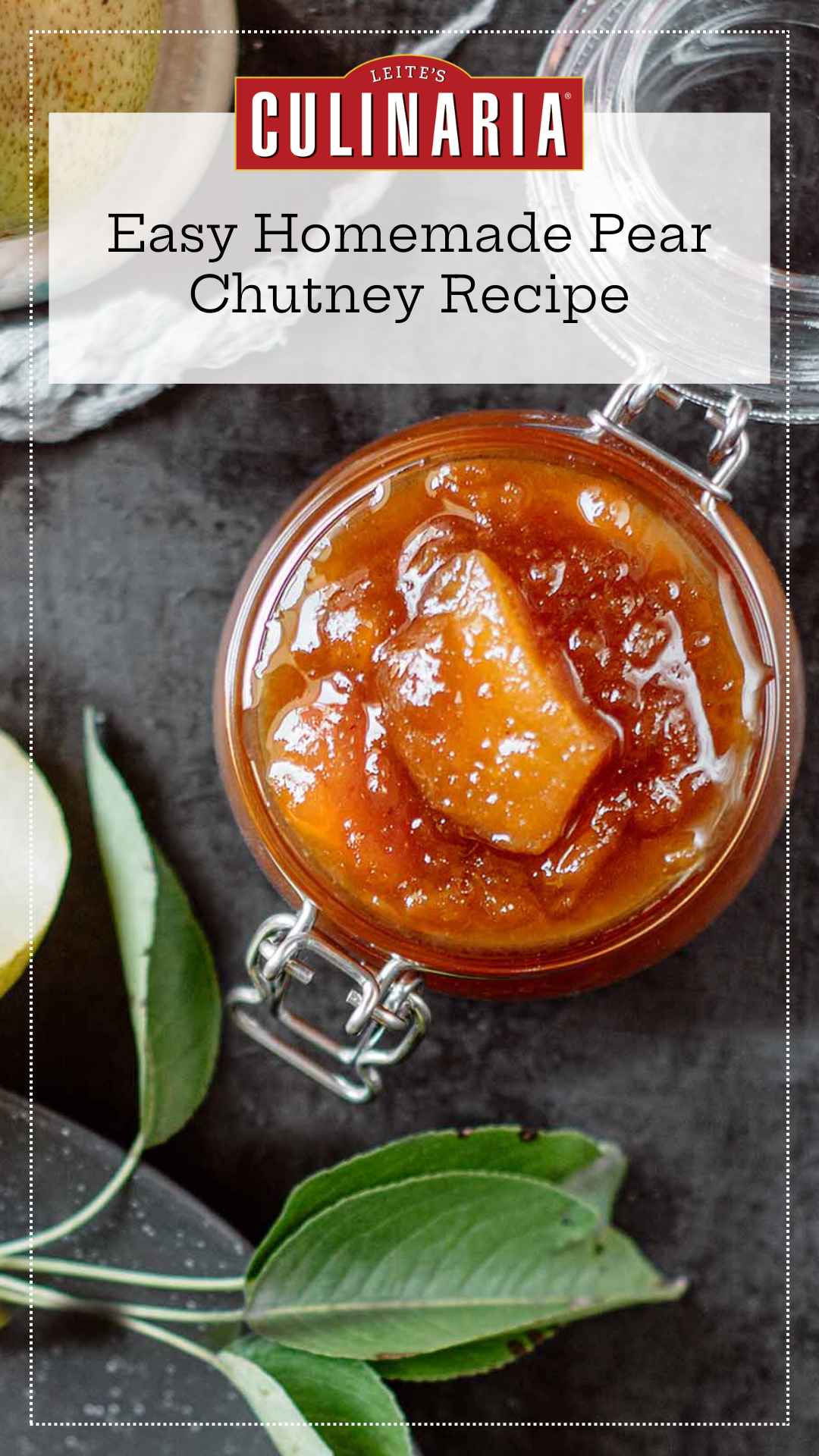 A glass jar filled with pear chutney.