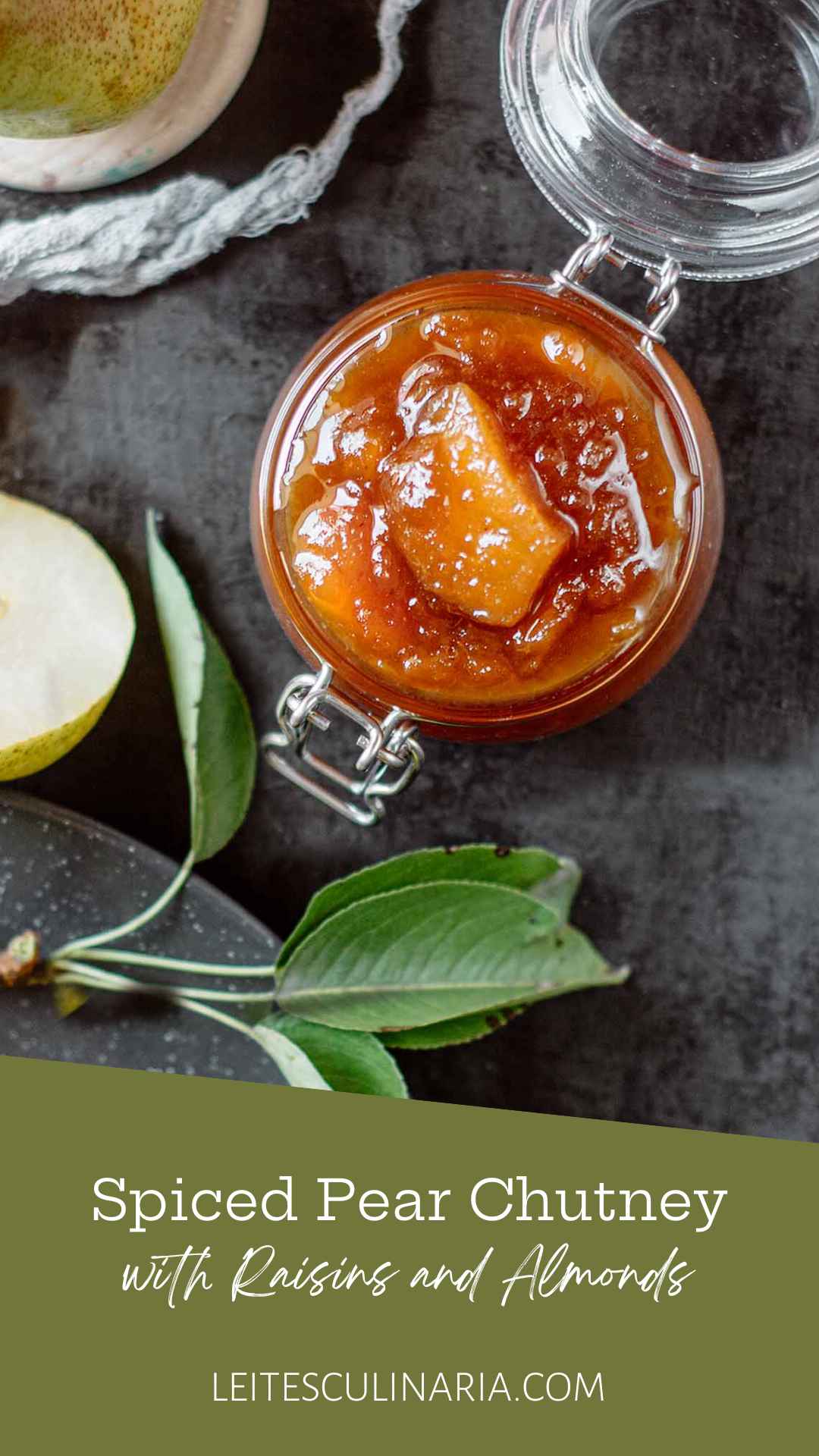 A glass jar filled with pear chutney.