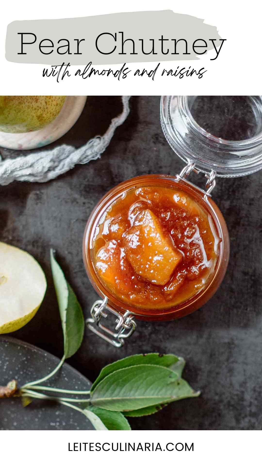 A glass jar filled with pear chutney.