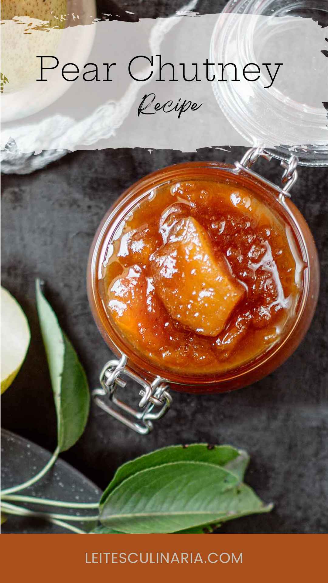 A glass jar filled with pear chutney.