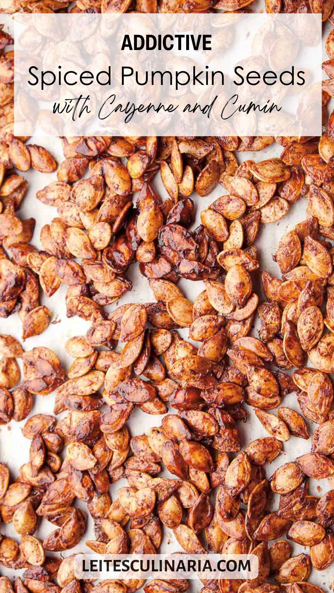 Pumpkin seeds, roasted with spices, spread on a white surface.