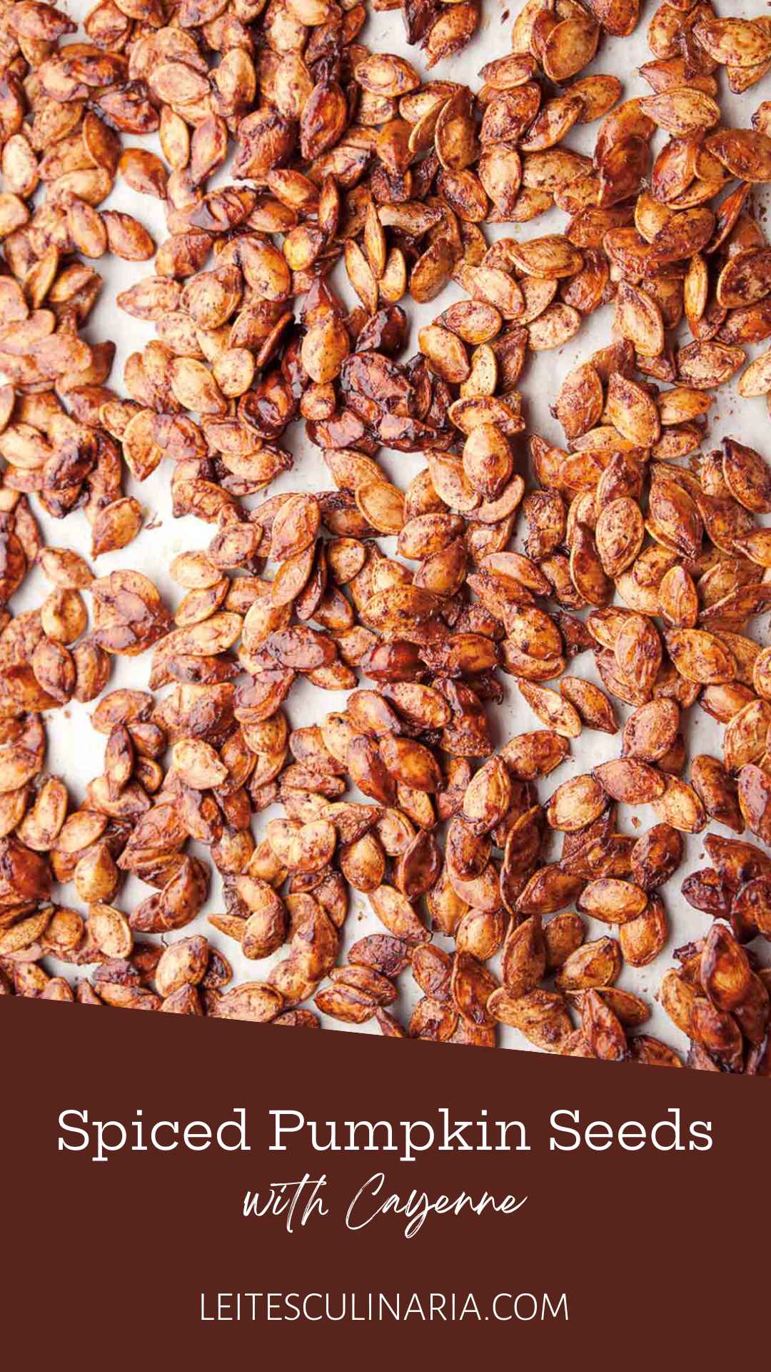 Pumpkin seeds, roasted with spices, spread on a white surface.