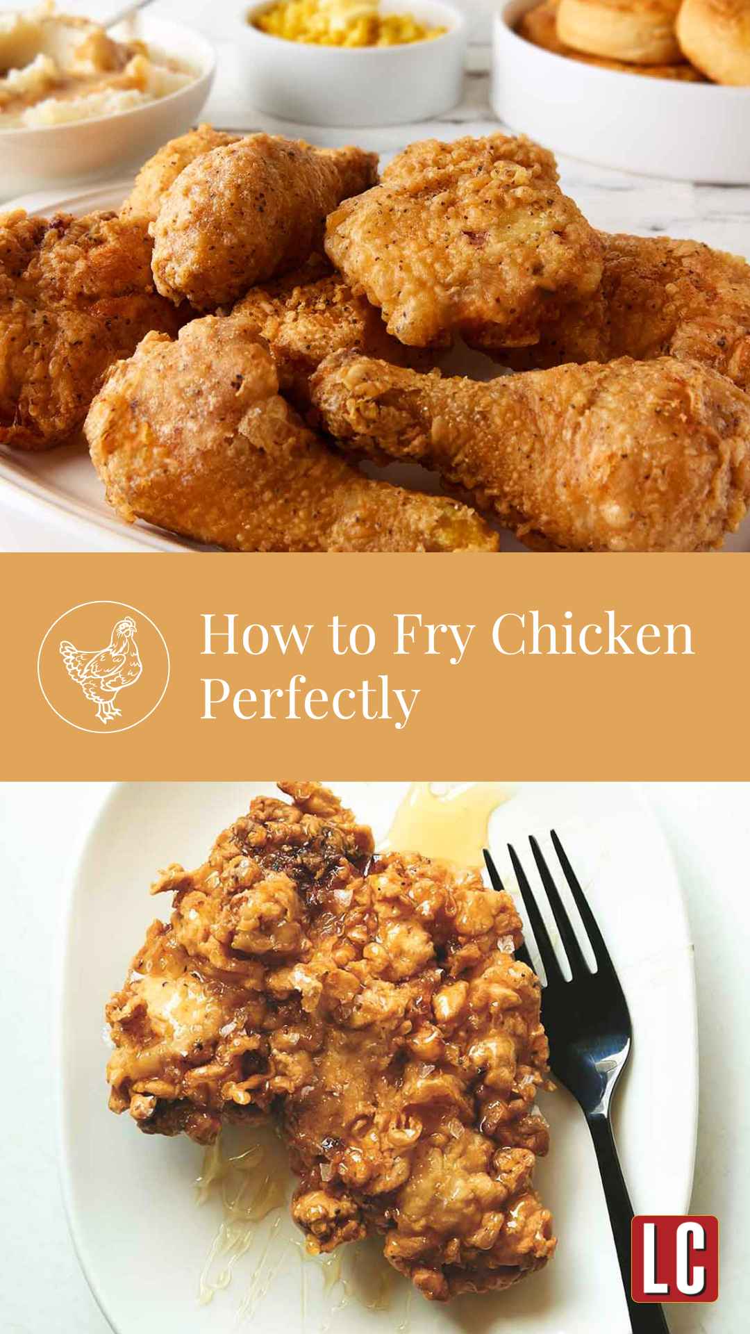 A platter of fried chicken and a crispy fried boneless chicken thigh drizzled with honey on a plate with a fork on the side.