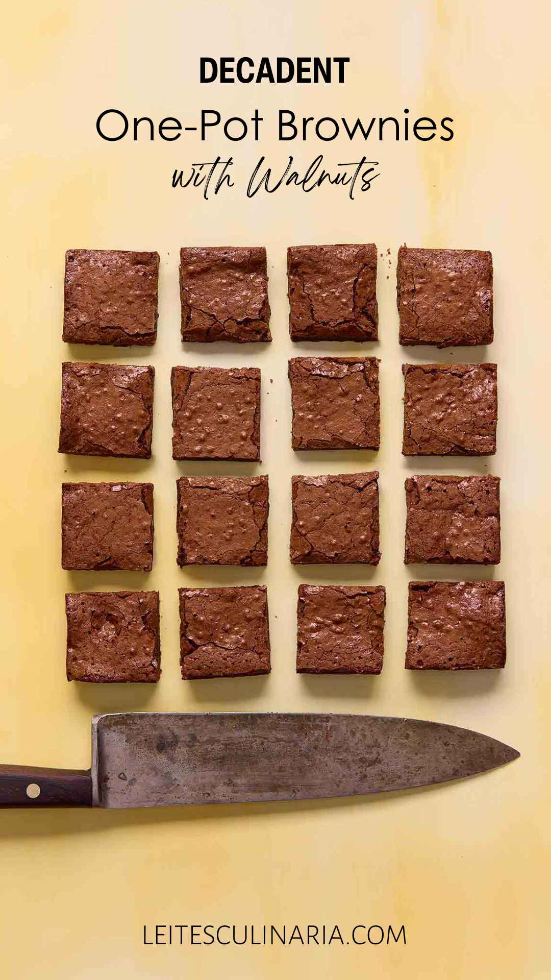 Sixteen square brownies on a yellow background.