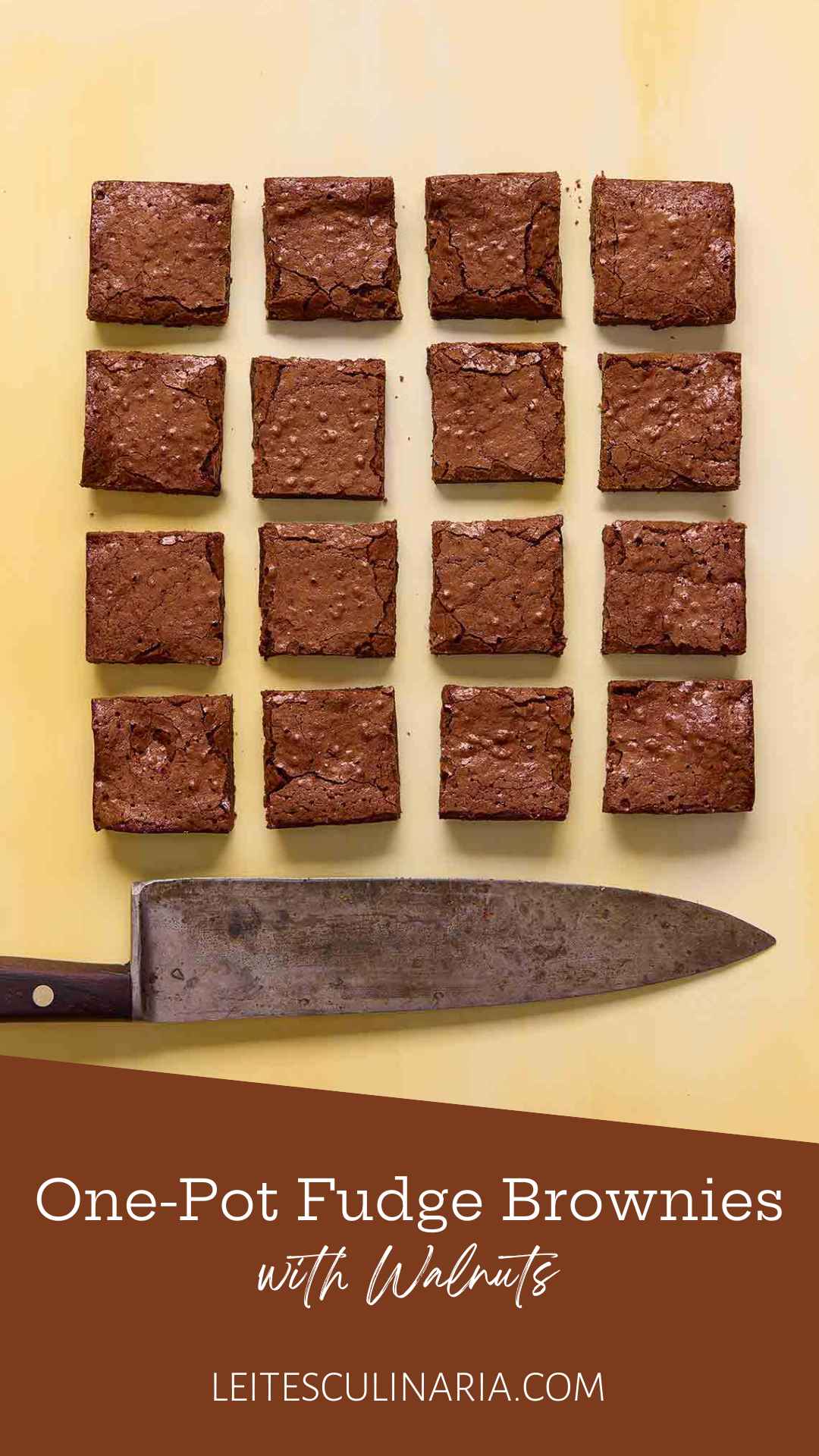 Sixteen square brownies on a yellow background.