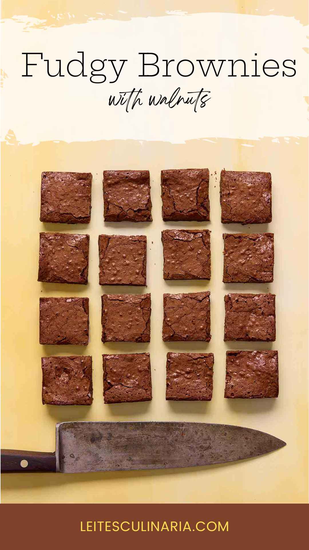 Sixteen square brownies on a yellow background.