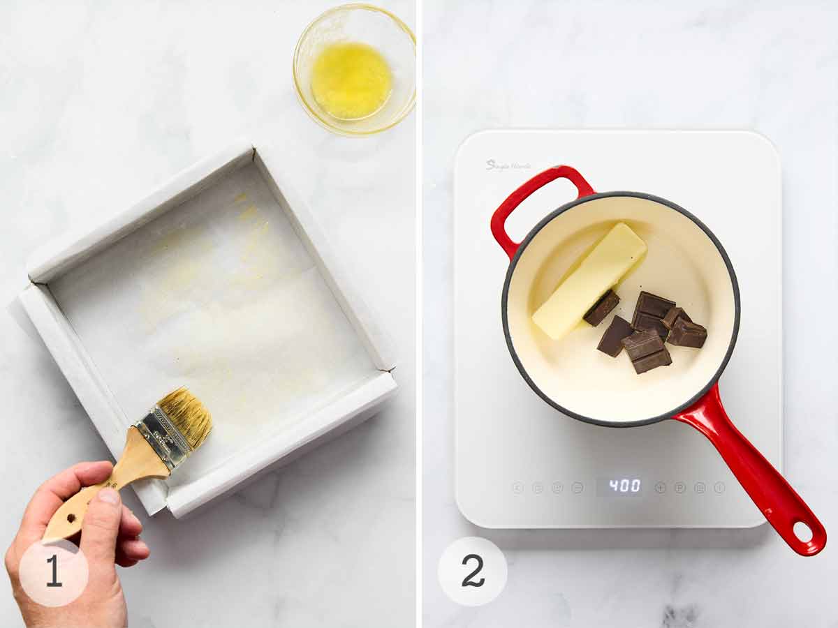 A person brushing butter over parchment paper in a cake pan; butter and chocolate melting in a small pot.