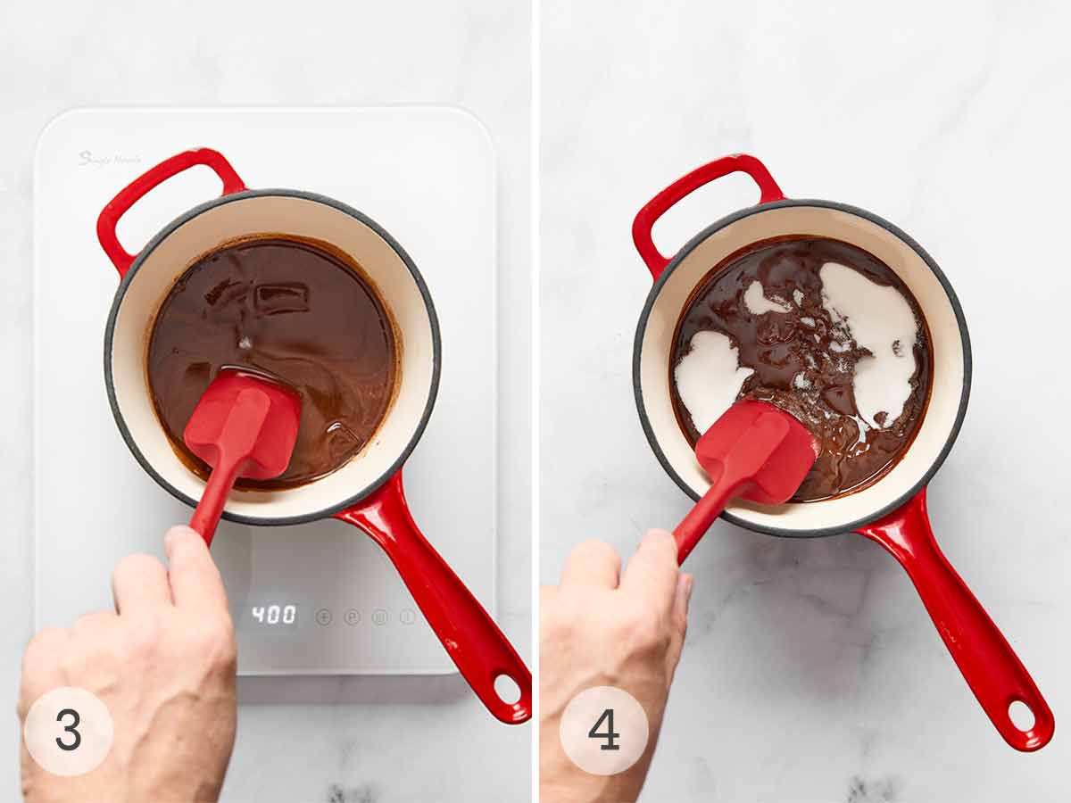 A person stirring melted chocolate in a pot; sugar being stirred into the melted chocolate.