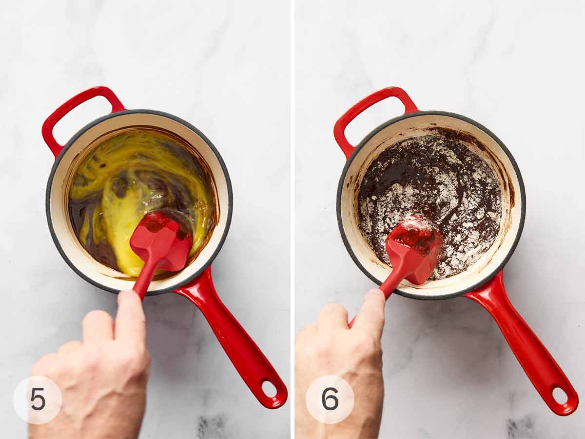 A person stirring beaten egg into brownie batter; flour being mixed into the batter.