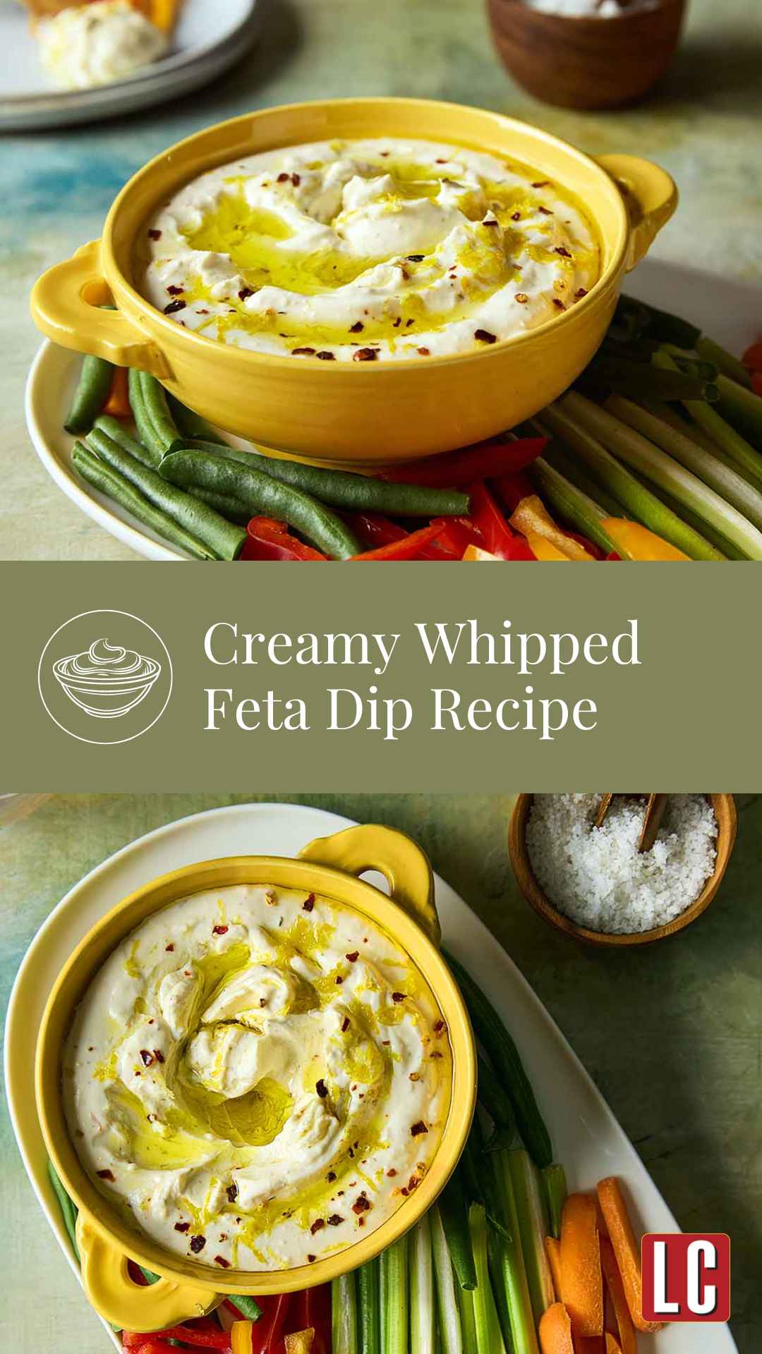 A bowl of whipped feta dip topped with oil and lemon zest on a platter of raw vegetables.