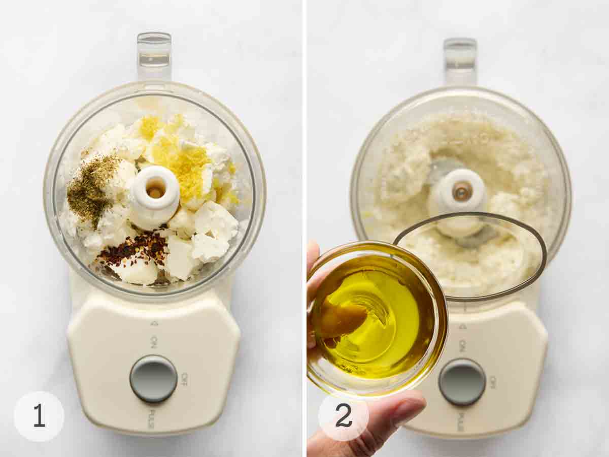 Feta, lemon, oregano, and pepper flakes in the bowl of a food processor; a person adding oil to the blended mixture.