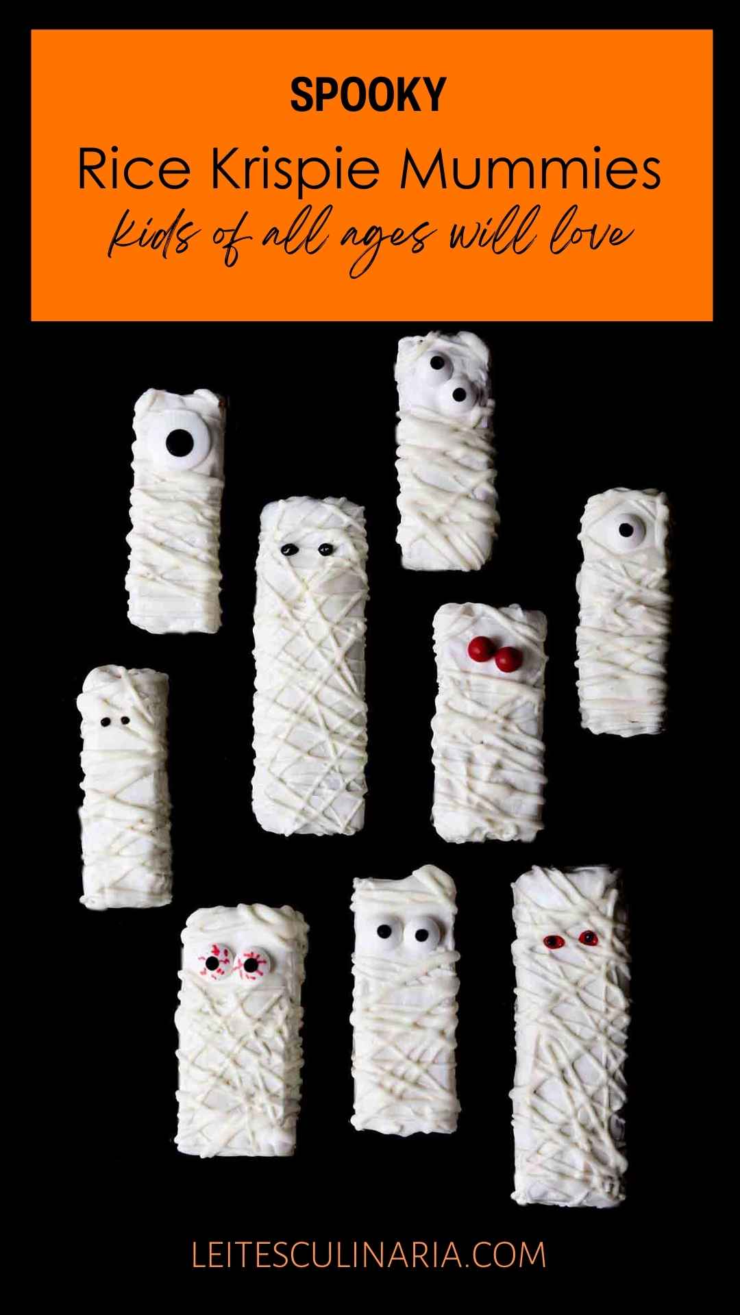 Nine Halloween mummy Rice Krispies treats with googly candy eyes on a black background.