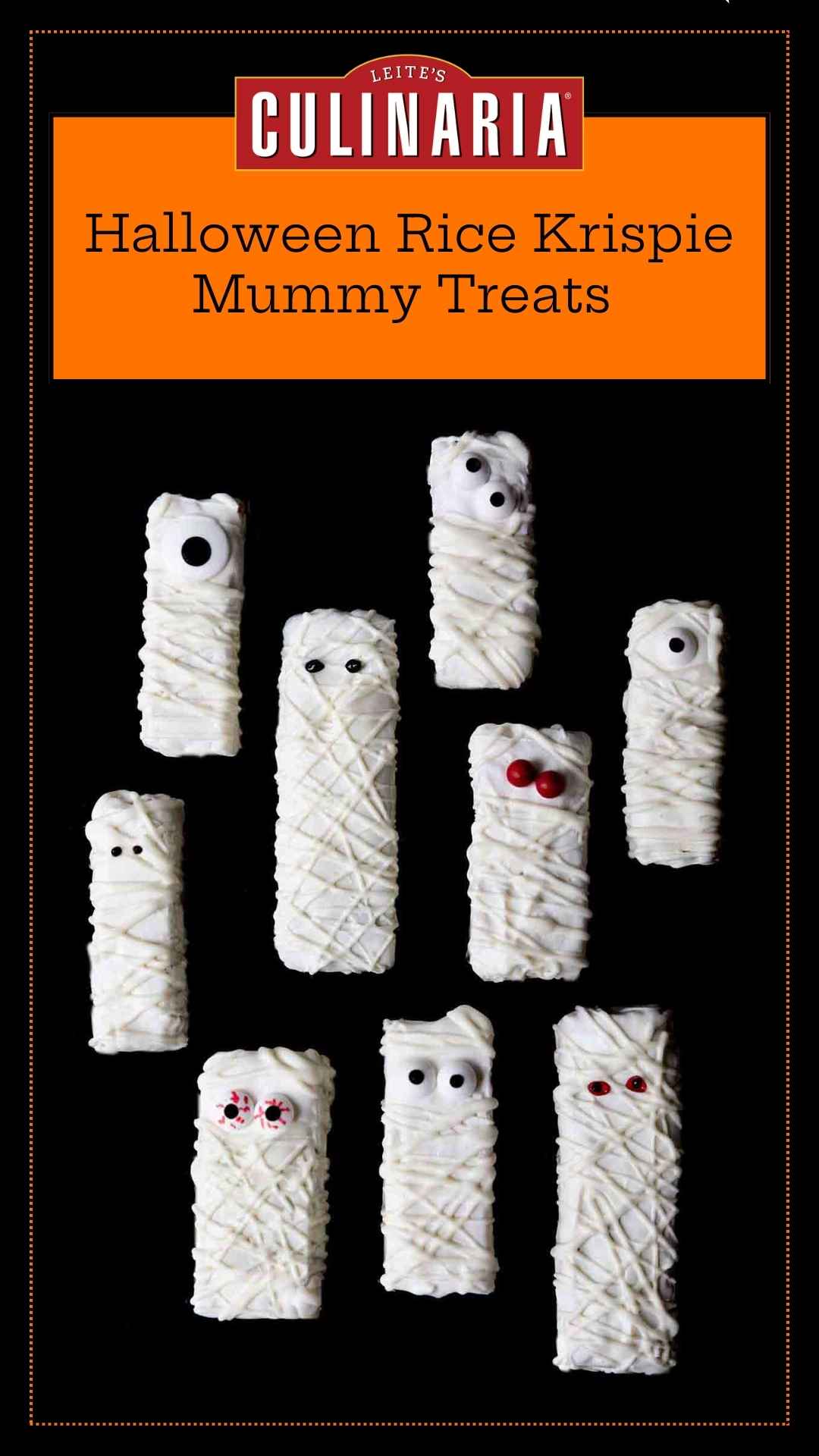 Nine Halloween mummy Rice Krispies treats with googly candy eyes on a black background.