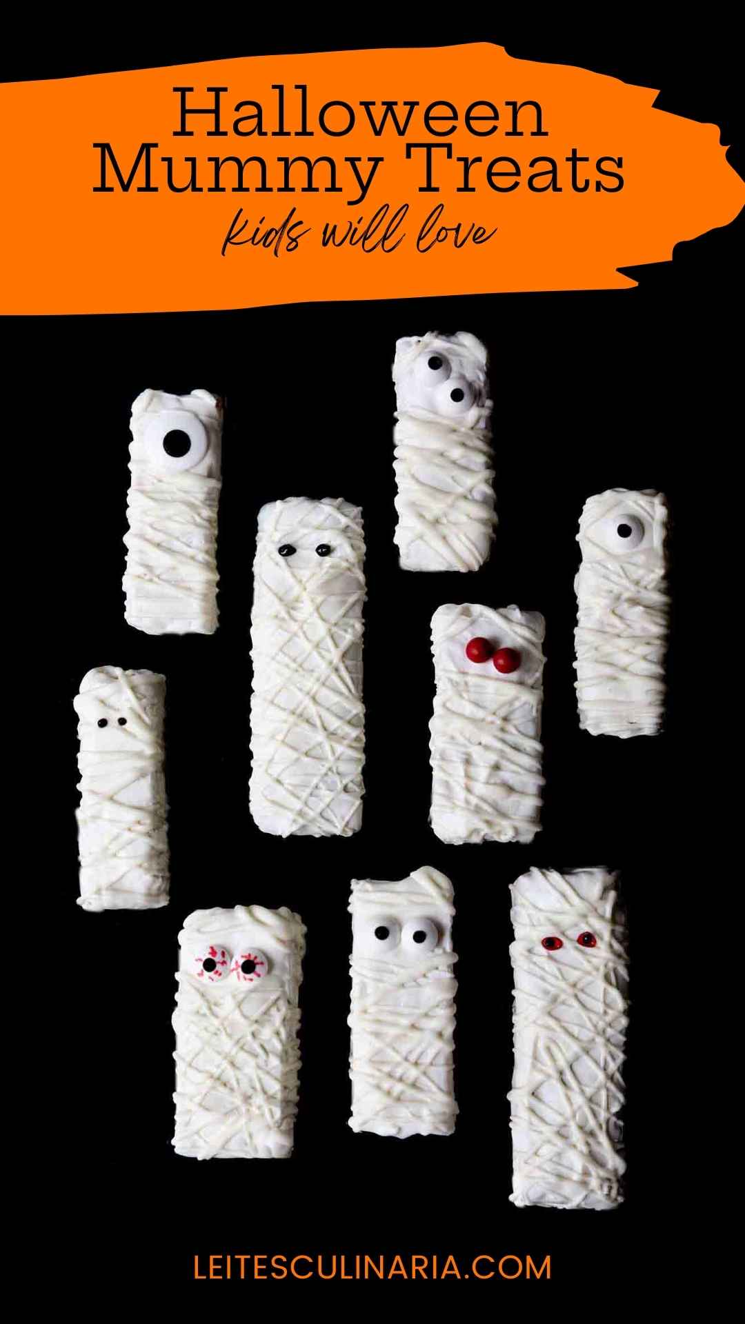 Nine Halloween mummy Rice Krispies treats with googly candy eyes on a black background.