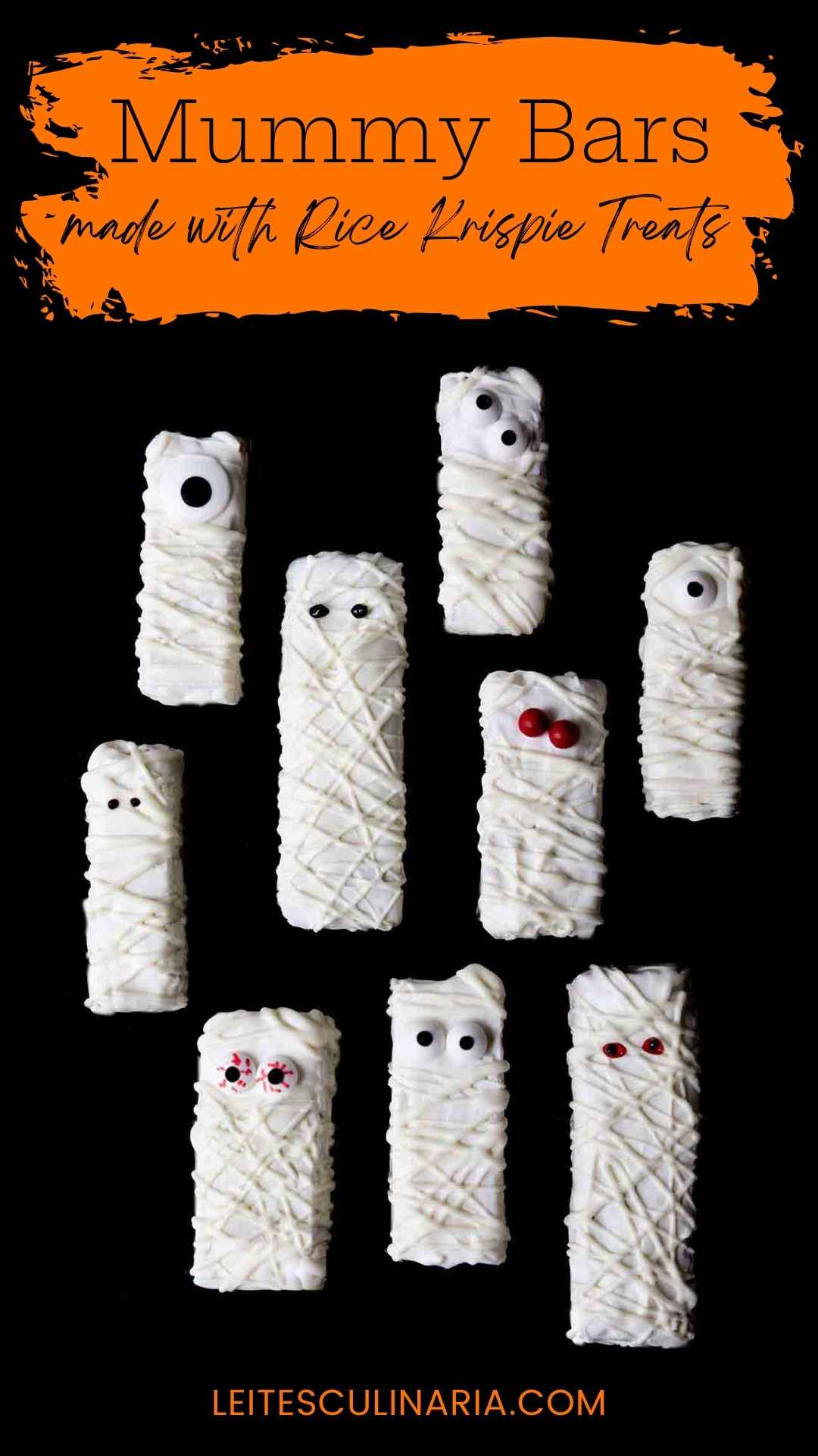 Nine Halloween mummy Rice Krispies treats with googly candy eyes on a black background.