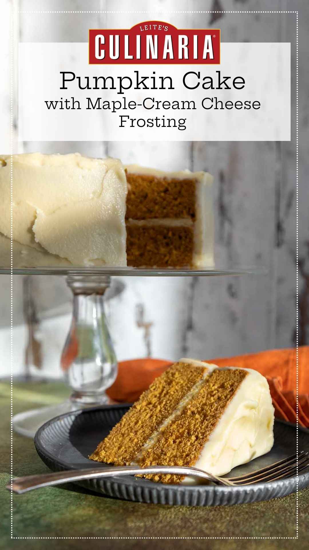 A slice of frosted pumpkin cake on a plate with the remaining cake on a stand in the background.