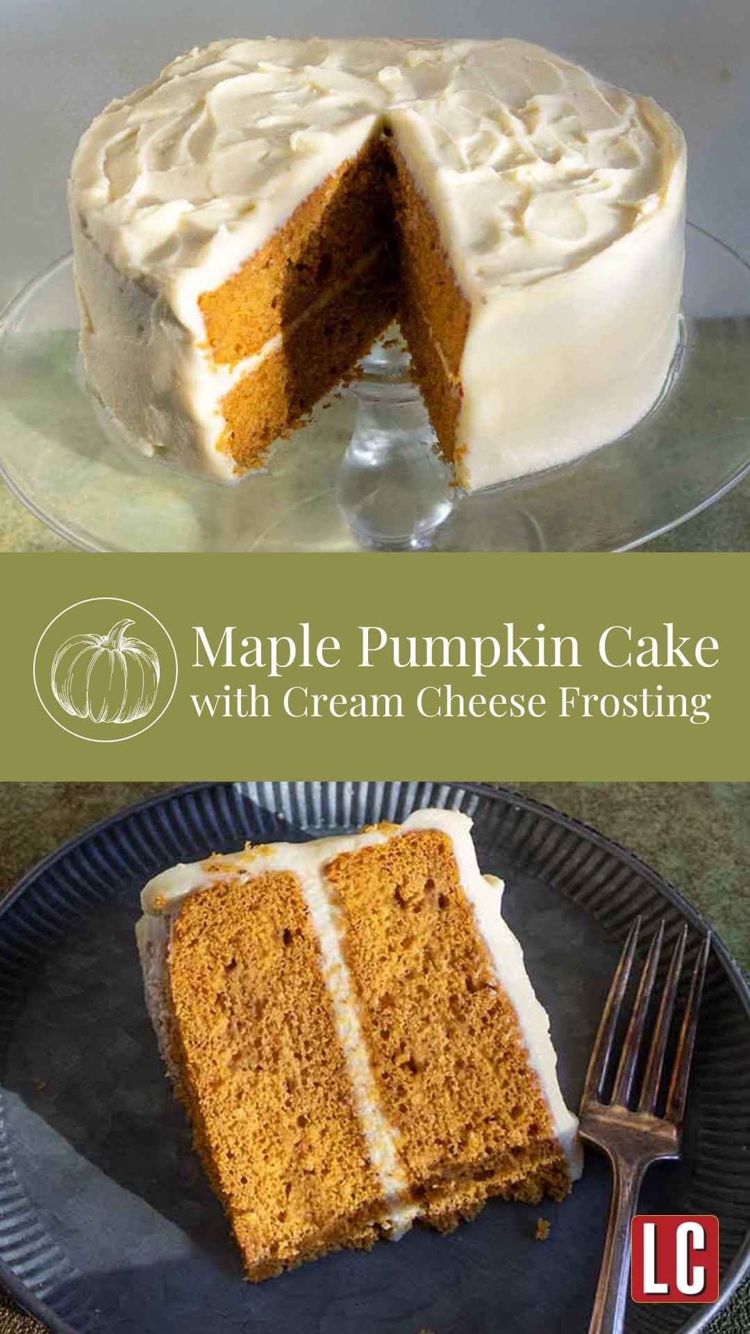 A slice of frosted pumpkin cake on a plate with the remaining cake on a stand in the background.