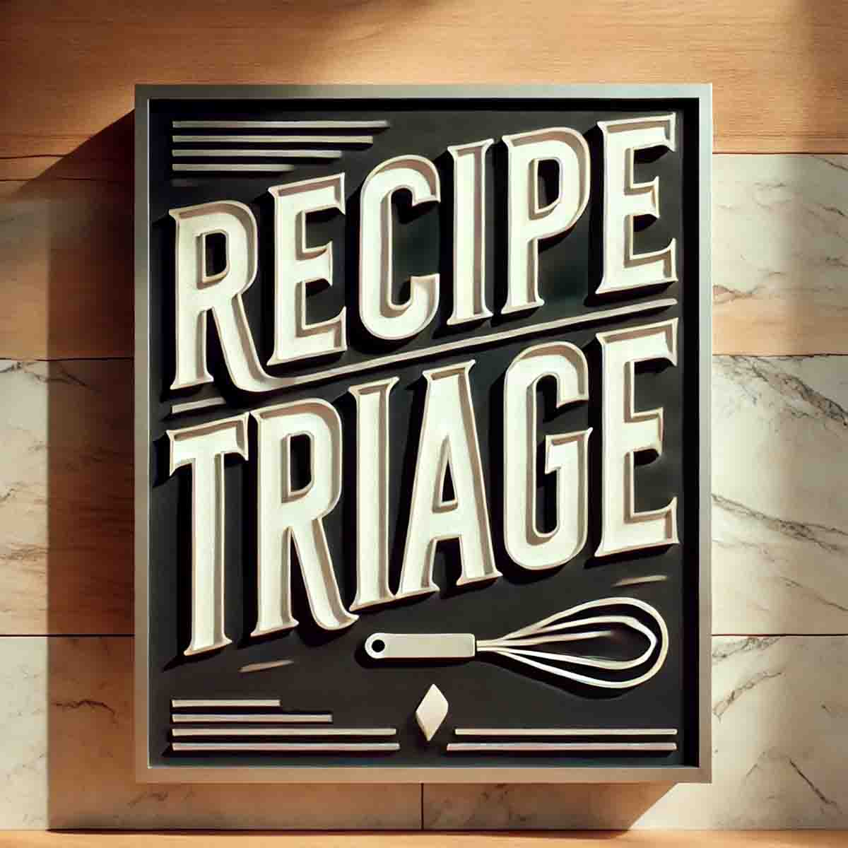 A wooden sign with the words "recipe triage."