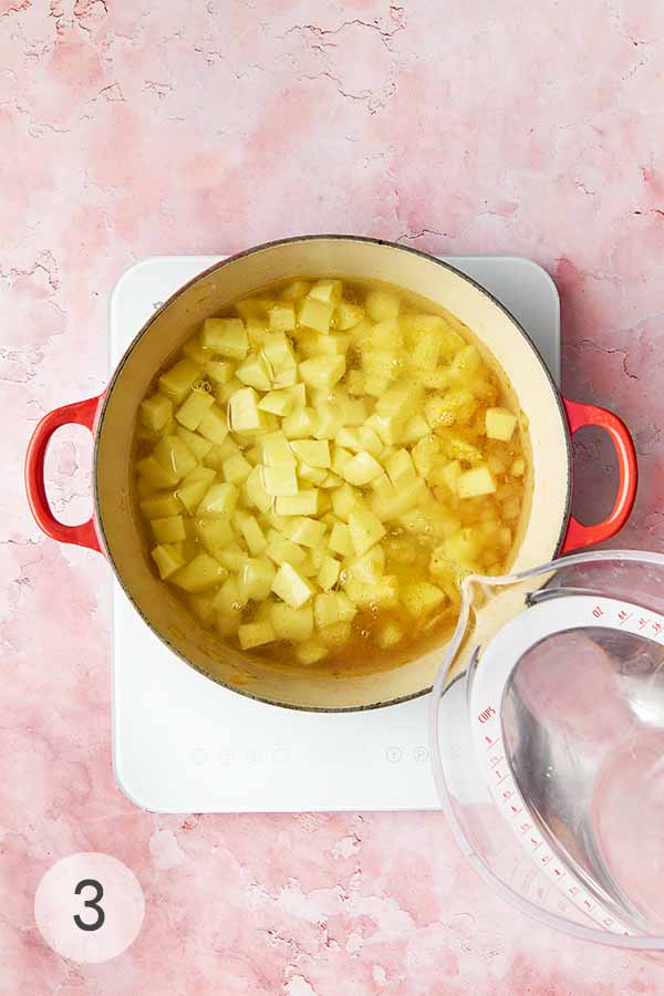 Water pouring into a pot of potatoes, onions, and garlic.