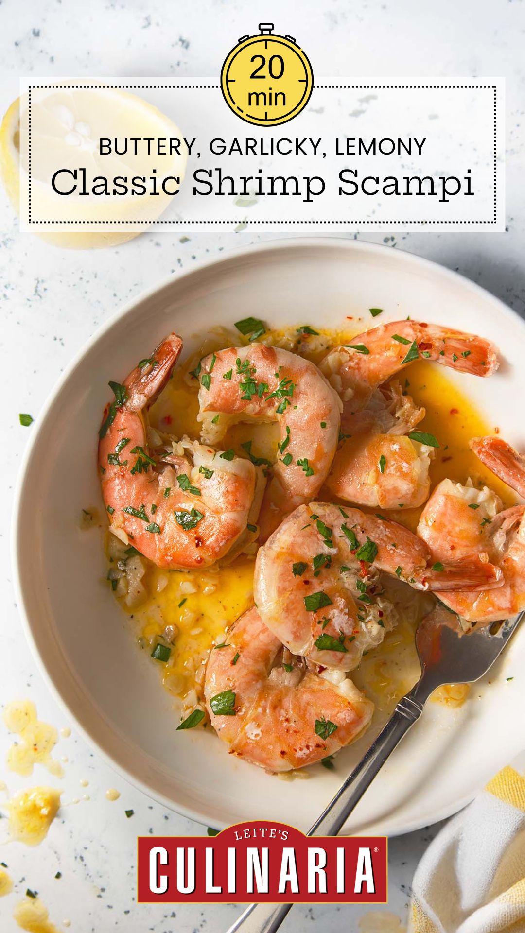 A close-up of shrimp scampi in a zesty garlic butter sauce, garnished with parsley and a lemon slice.