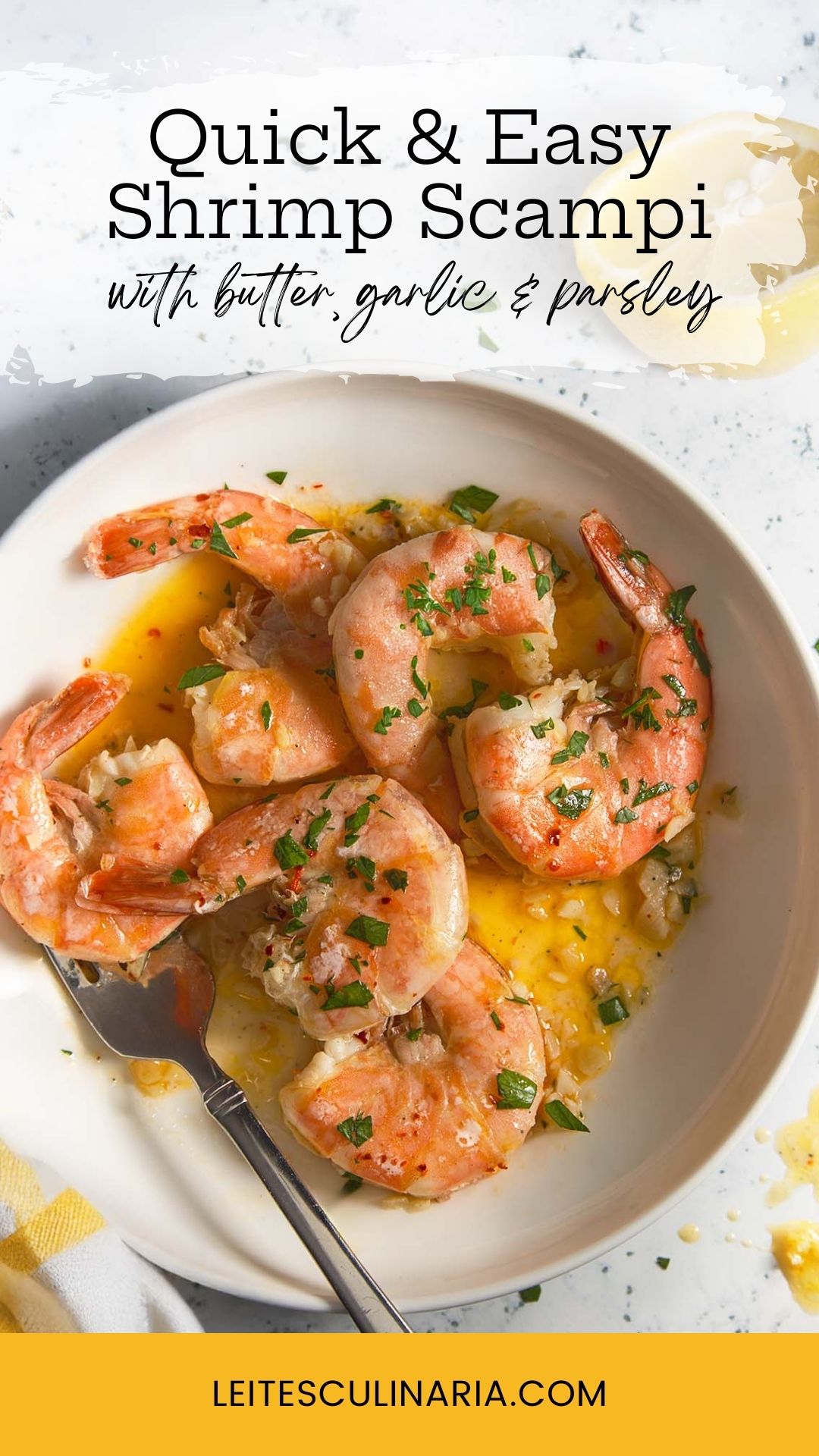 Easy shrimp scampi on a white plate with glistening garlic butter sauce and a sprinkle of chopped parsley.