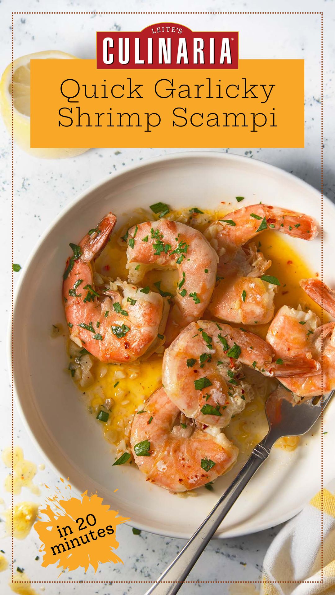 Shrimp scampi in a white bowl, swimming in garlic butter sauce with red pepper flakes and parsley, fork on the side.