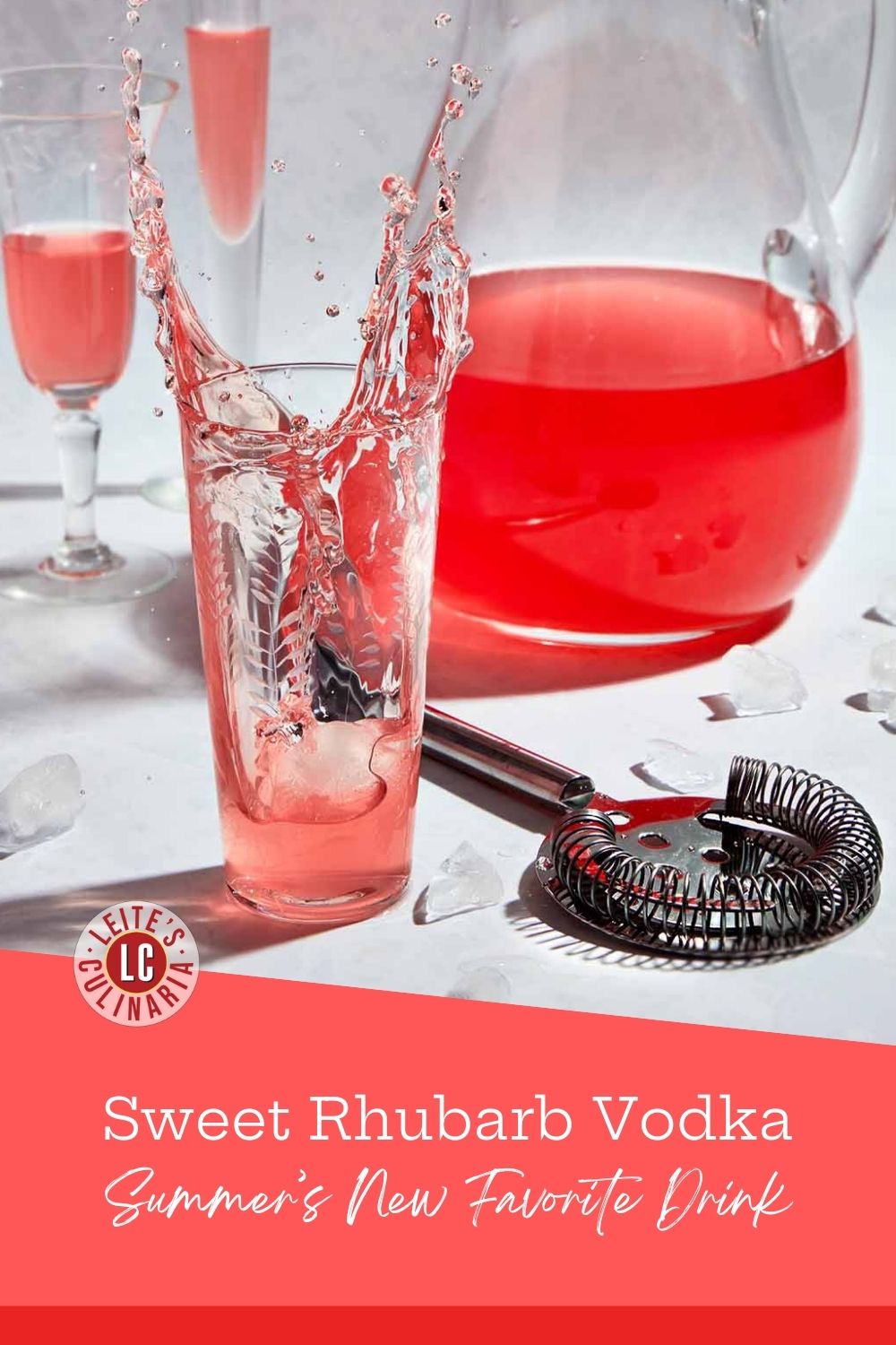 Splash of rhubarb vodka over ice with pitcher and bar strainer; text “Sweet Rhubarb Vodka – Summer’s New Favorite Drink.”