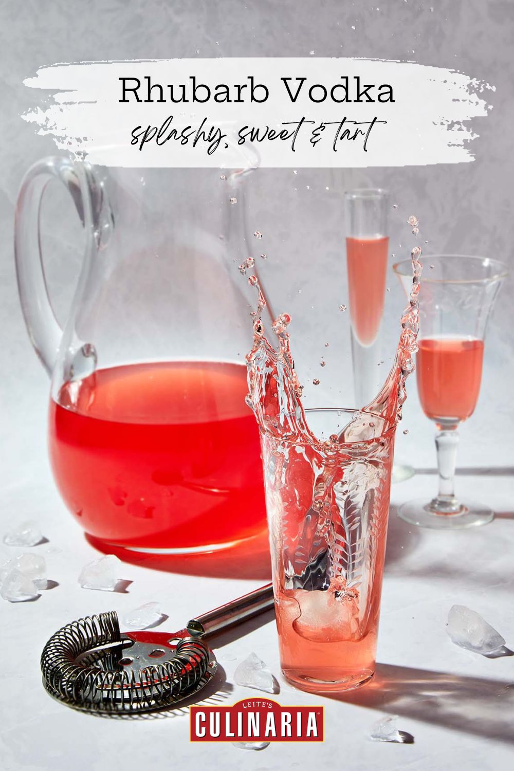 Text “Rhubarb Vodka – splashy, sweet & tart” over image of vodka splashing in glass beside a pitcher.